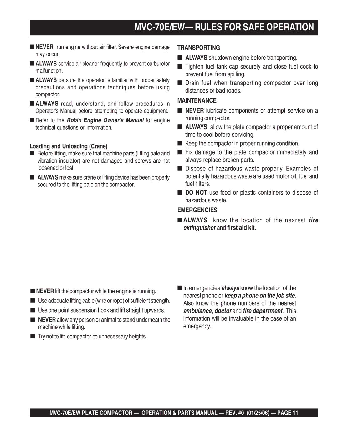 Multiquip manual MVC-70E/EW- Rules for Safe Operation, Loading and Unloading Crane 