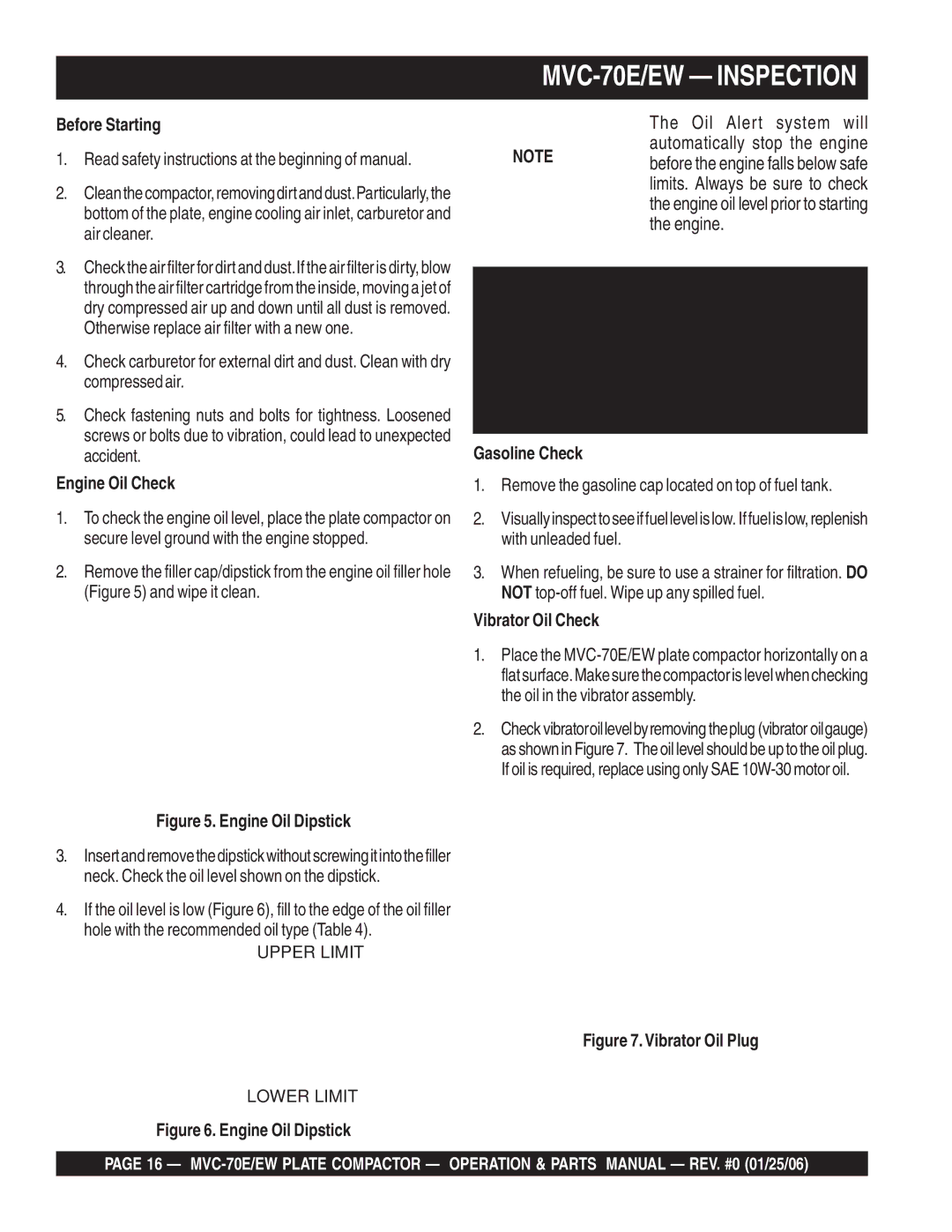 Multiquip manual MVC-70E/EW Inspection, Before Starting, Engine Oil Check, Gasoline Check, Vibrator Oil Check 