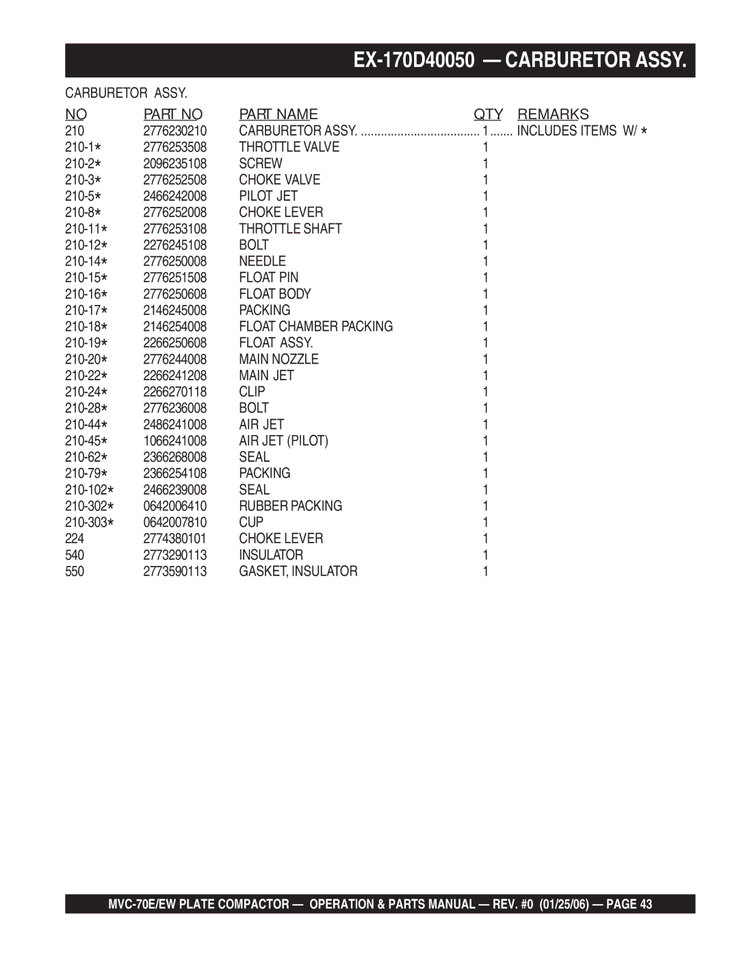 Multiquip MVC-70E/EW manual EX-170D40050 Carburetor Assy 