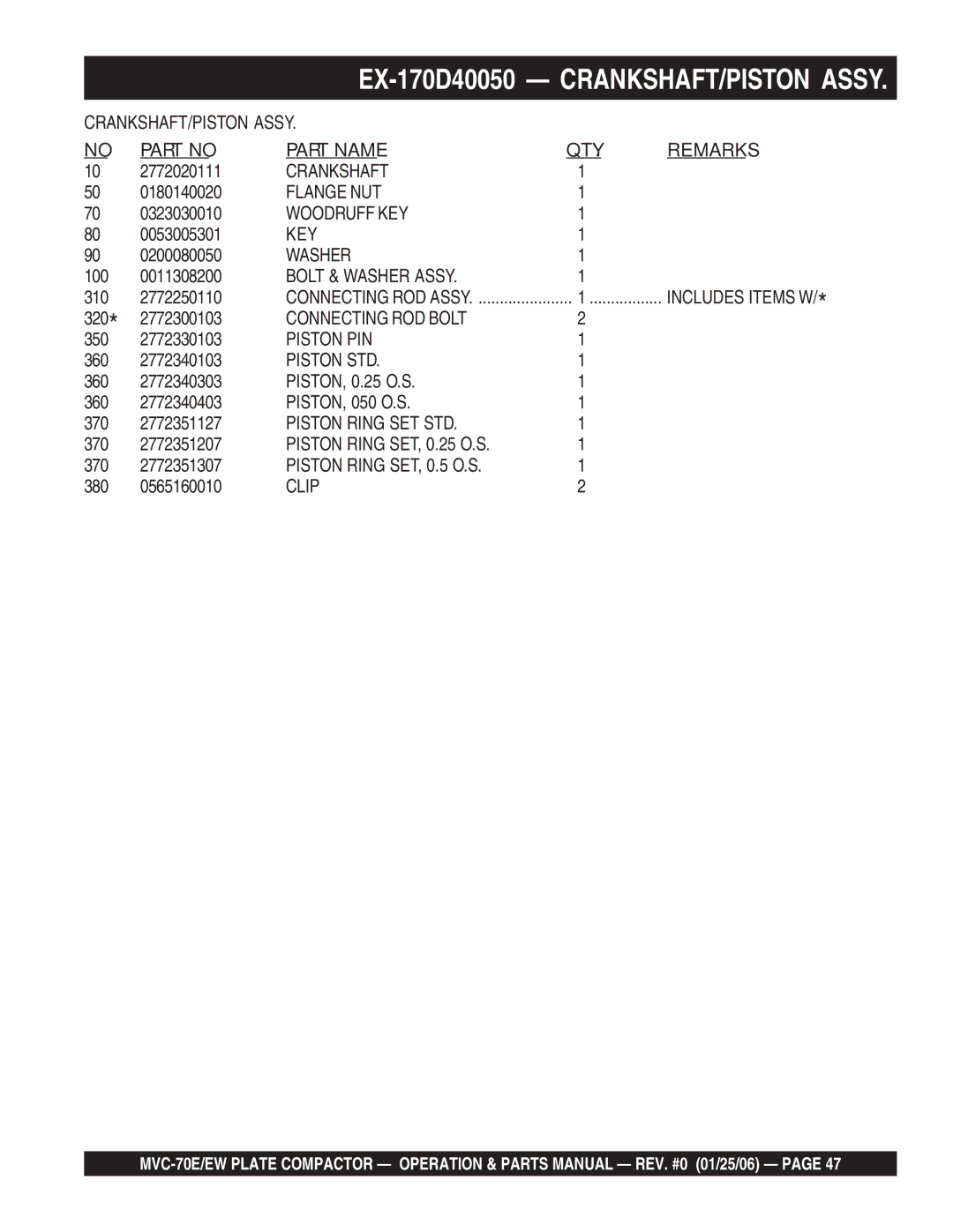 Multiquip MVC-70E/EW manual Crankshaft 