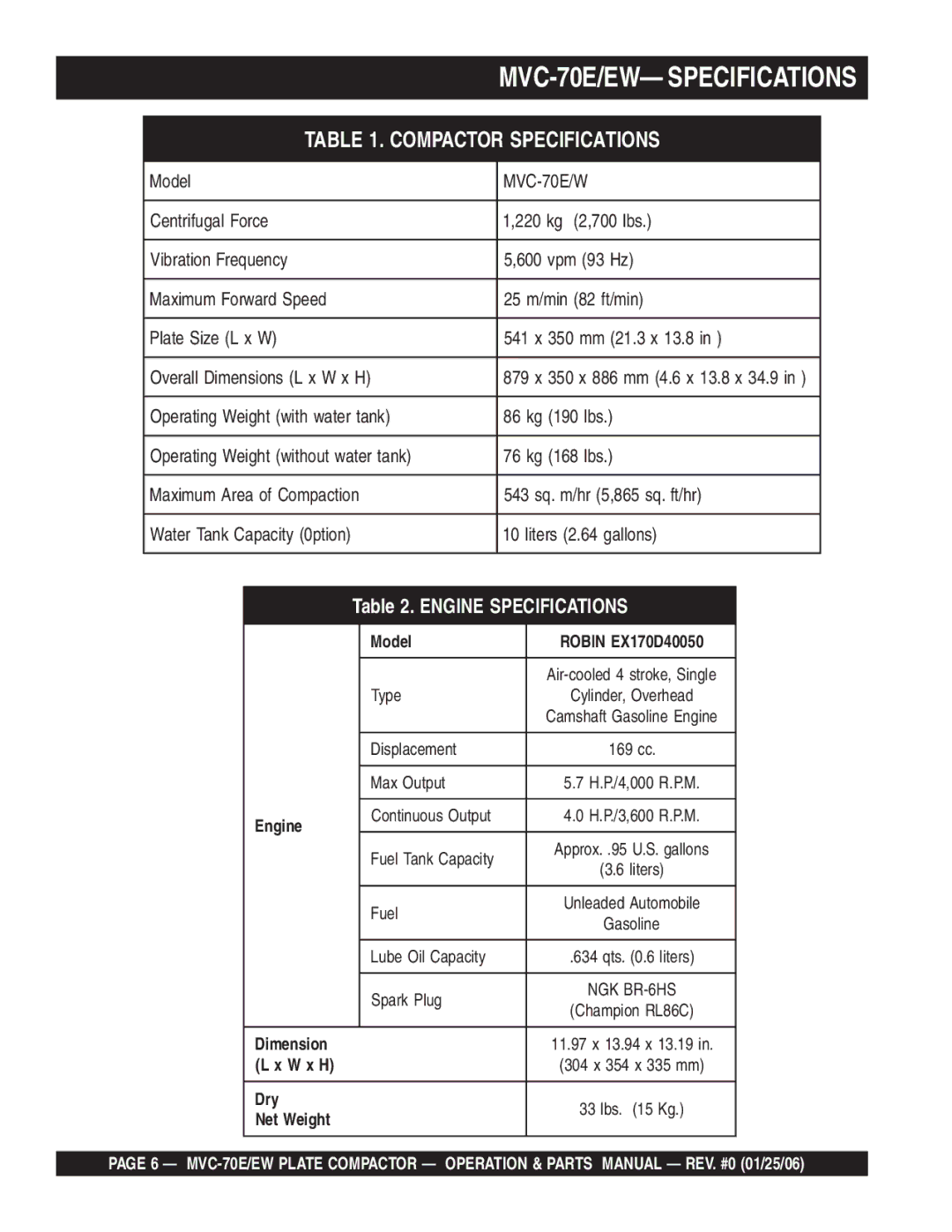 Multiquip MVC-70E/EW manual Model, Engine, Dimension, W x H, Dry, Net Weight 