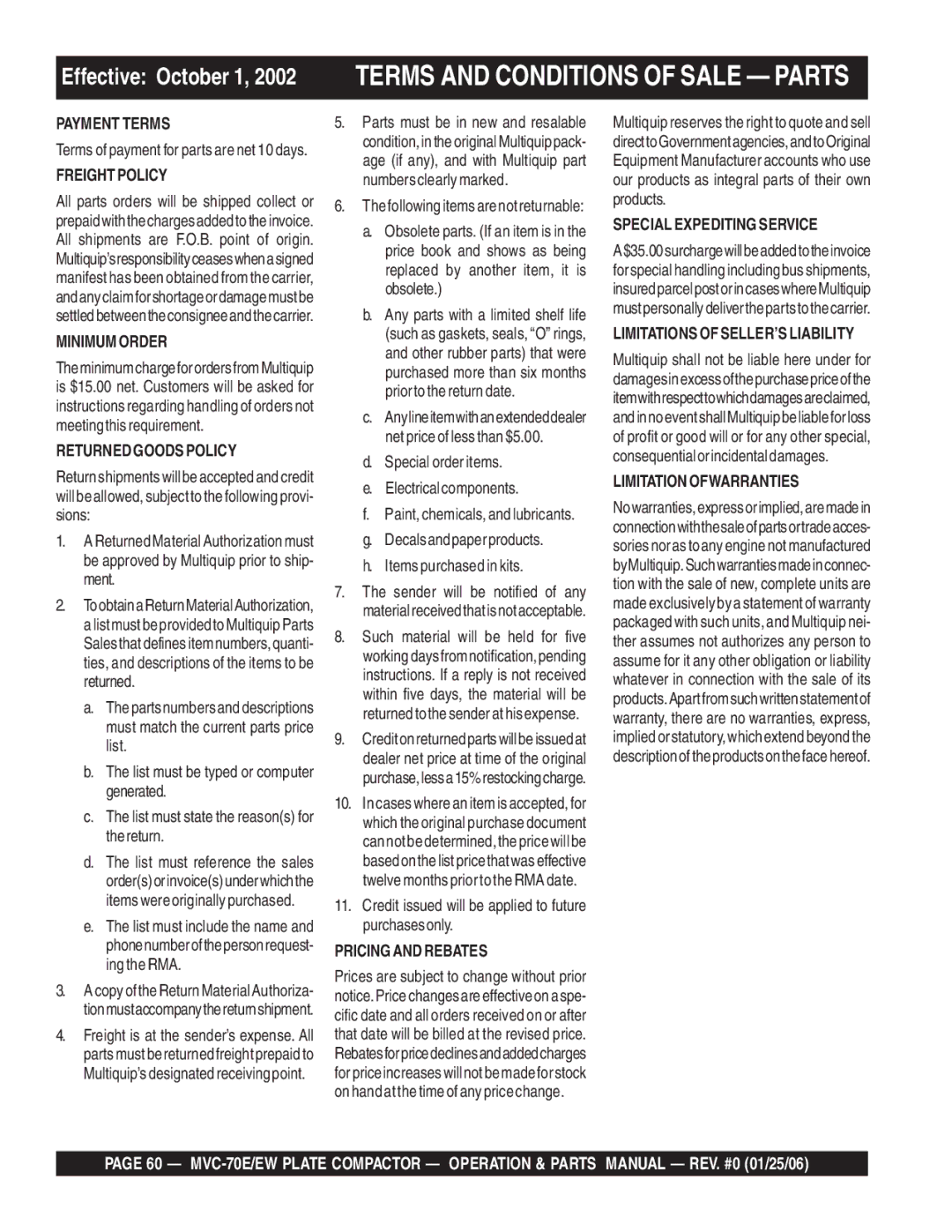 Multiquip MVC-70E/EW manual Terms and Conditions of Sale Parts 