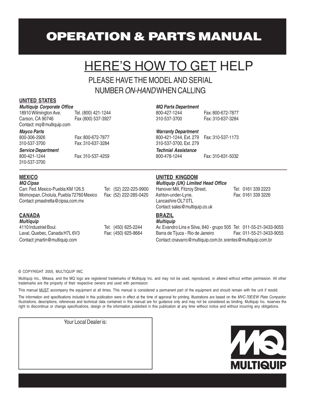 Multiquip MVC-70E/EW manual Heres HOW to GET Help 