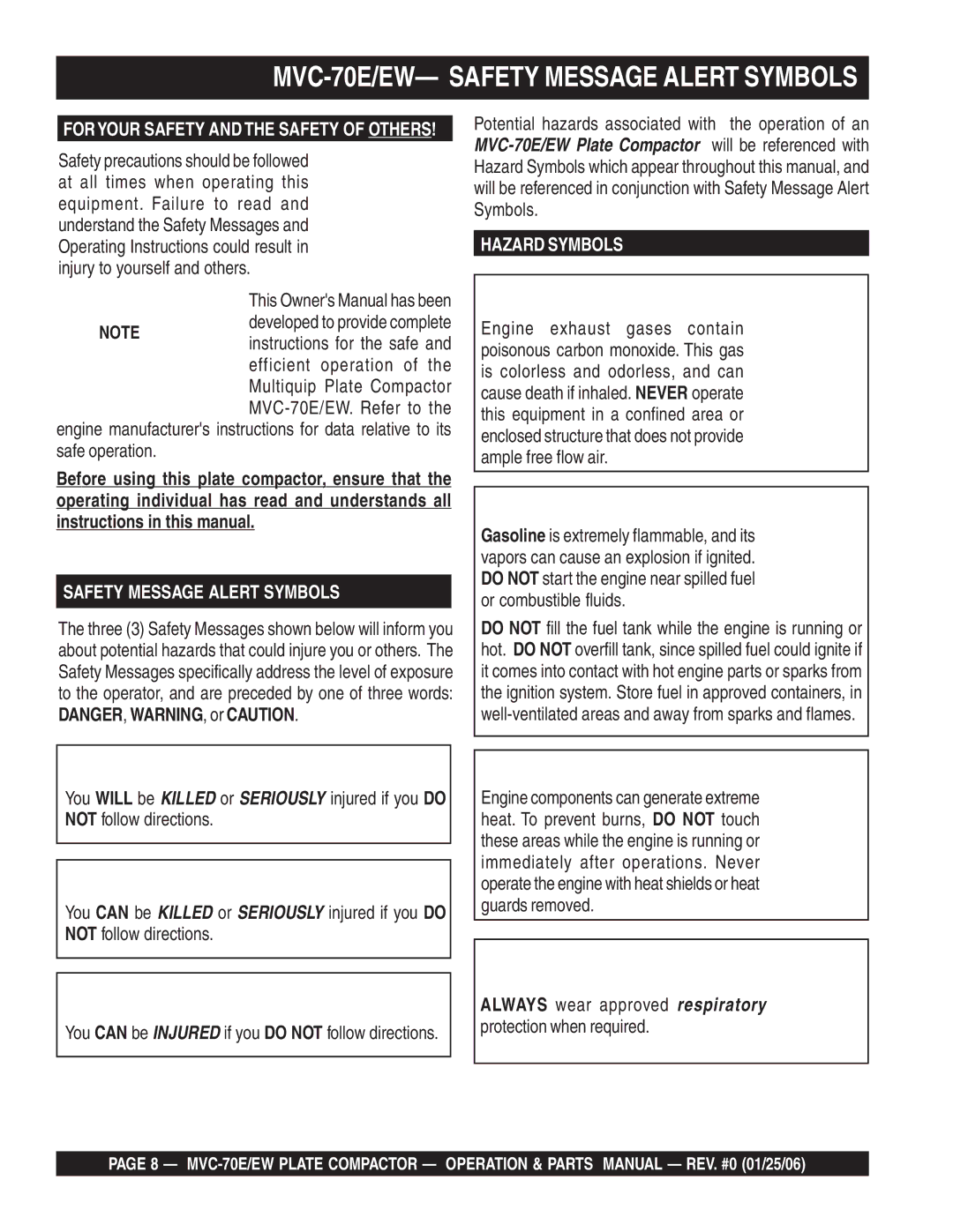 Multiquip manual MVC-70E/EW- Safety Message Alert Symbols, Foryour Safety and the Safety of Others 