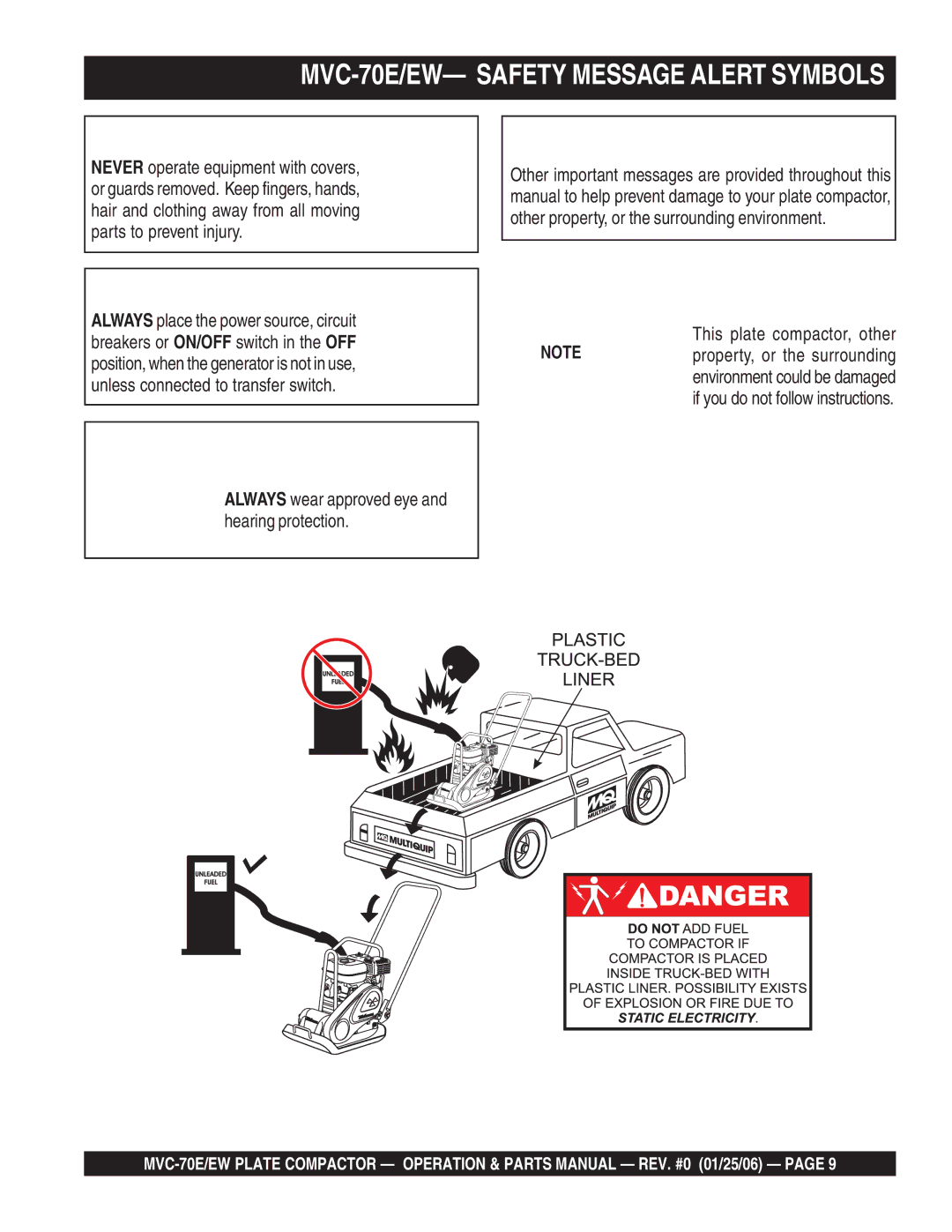 Multiquip manual MVC-70E/EW- Safety Message Alert Symbols 