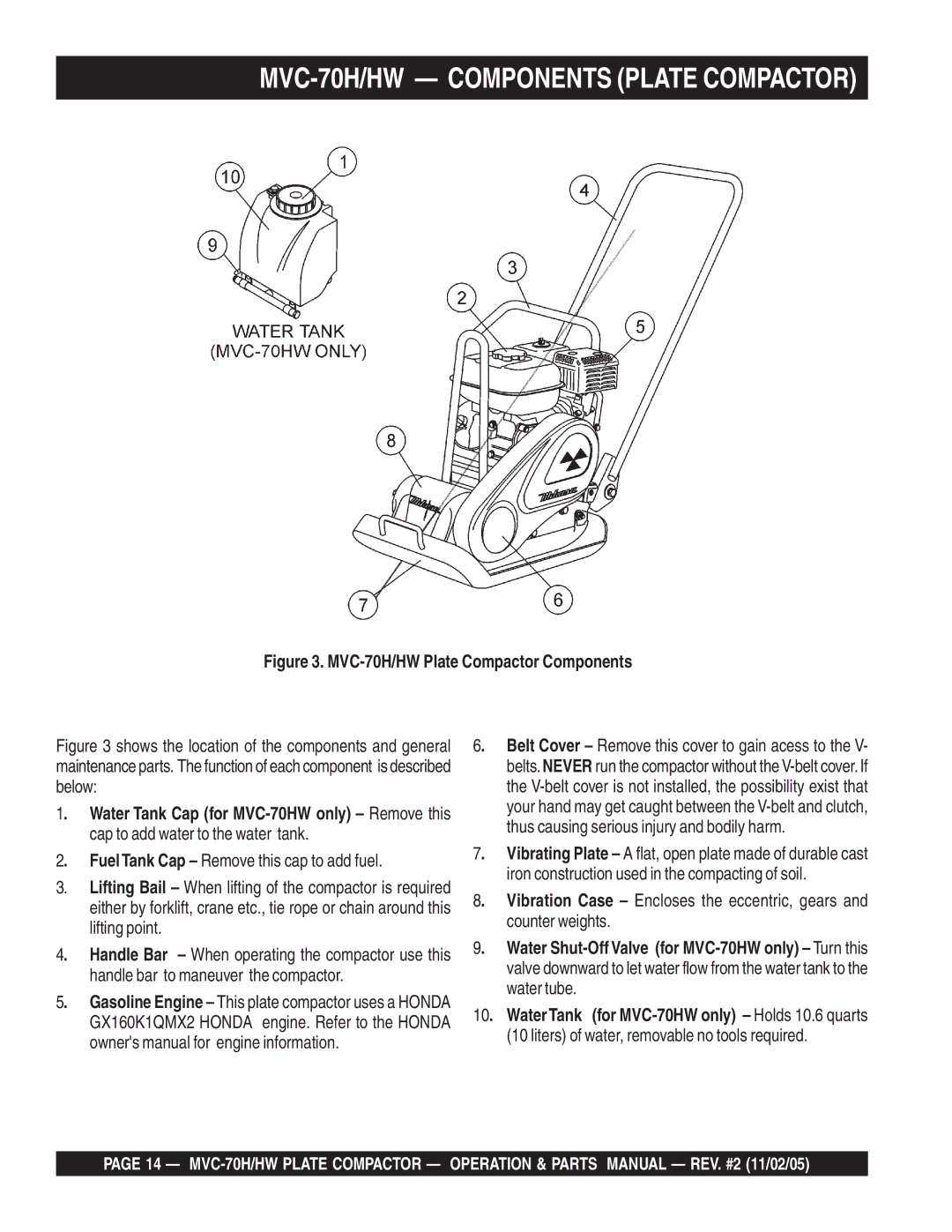 Multiquip MVC-70H/HW manual Counter weights, Water tube, Liters of water, removable no tools required 