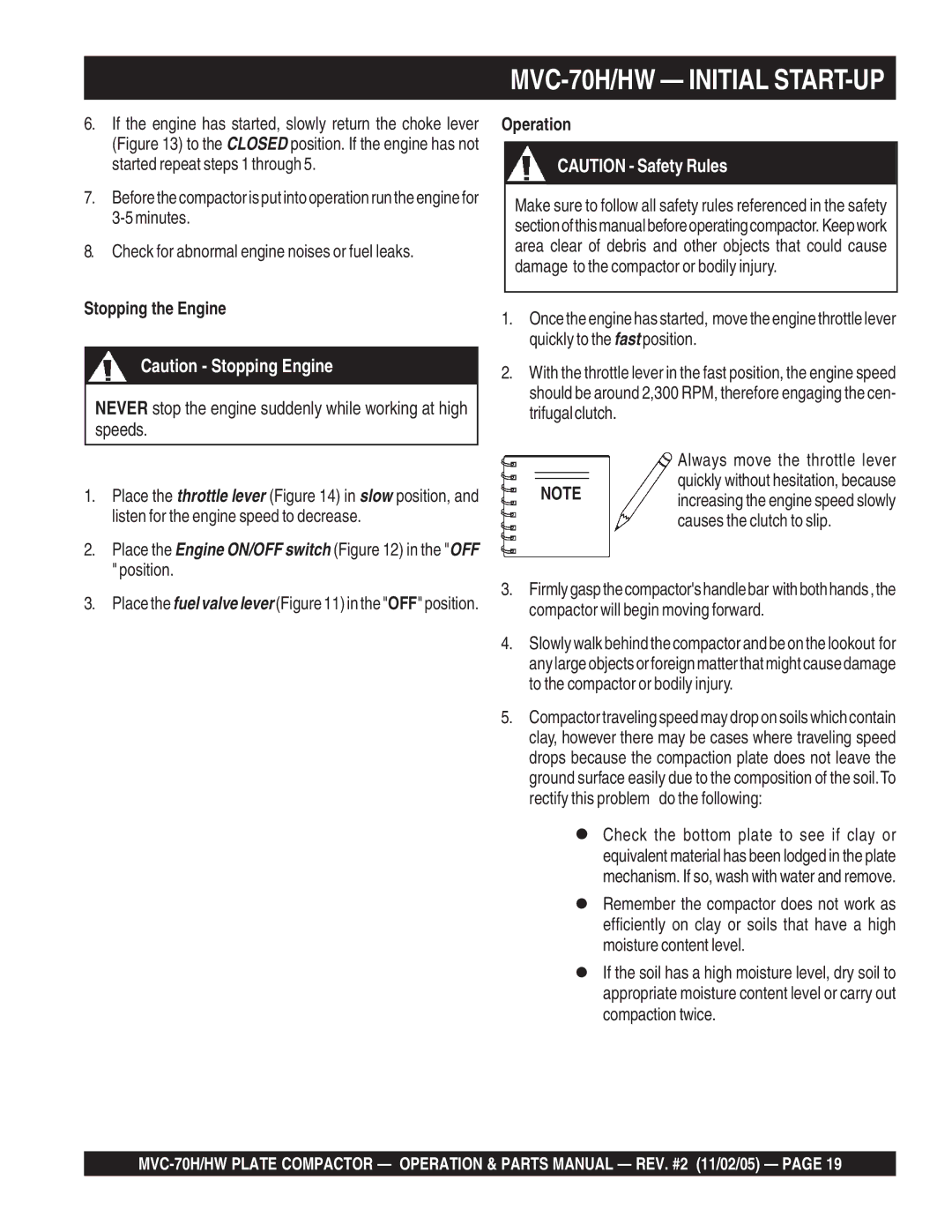 Multiquip MVC-70H/HW manual Stopping the Engine, Operation 