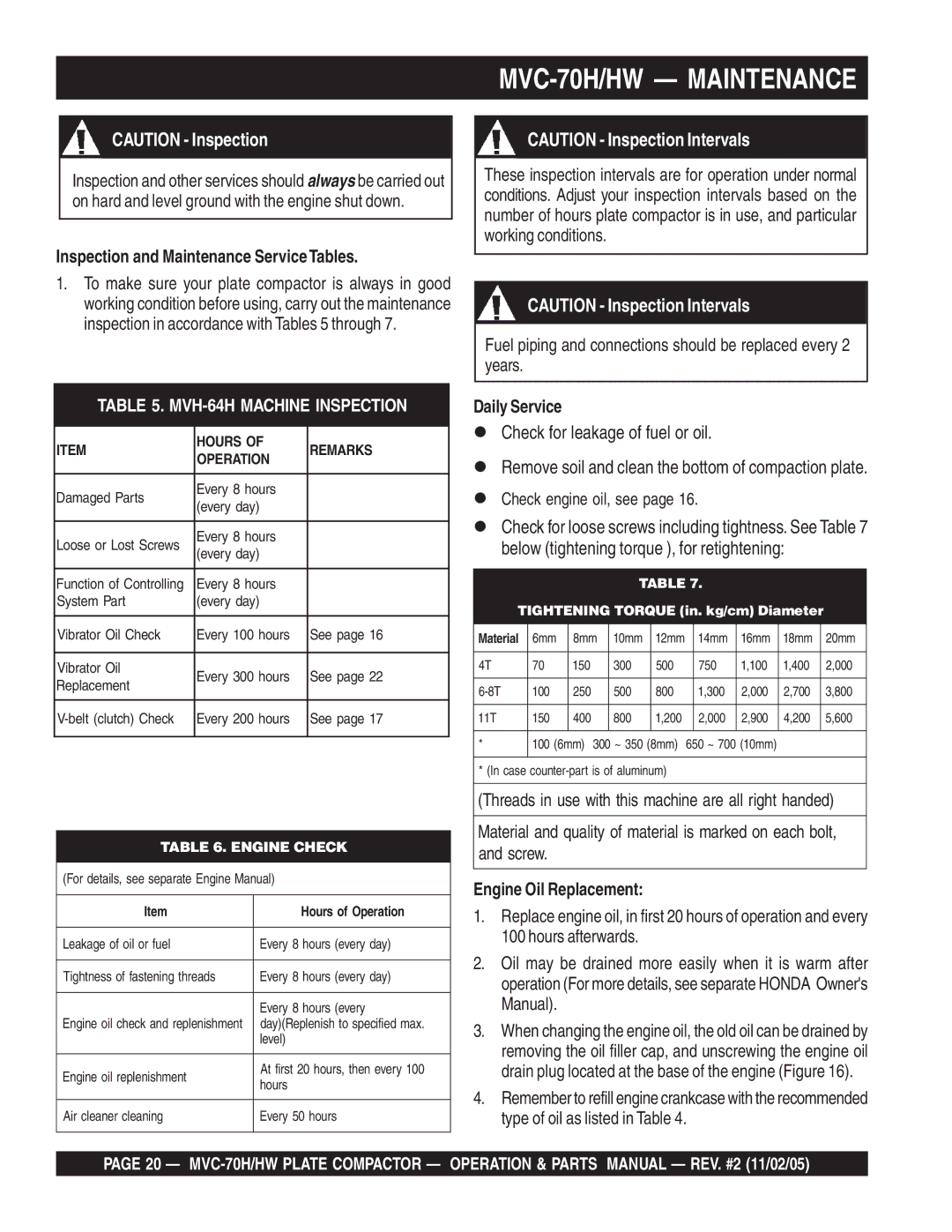 Multiquip manual MVC-70H/HW Maintenance, Inspection and Maintenance ServiceTables, Daily Service, Engine Oil Replacement 