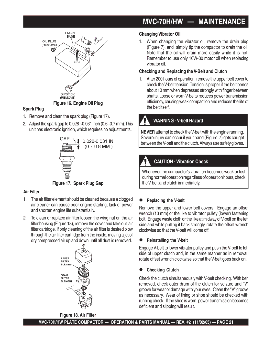 Multiquip MVC-70H/HW manual Changing Vibrator Oil, Checking and Replacing the V-Belt and Clutch, Replacing the V-belt 