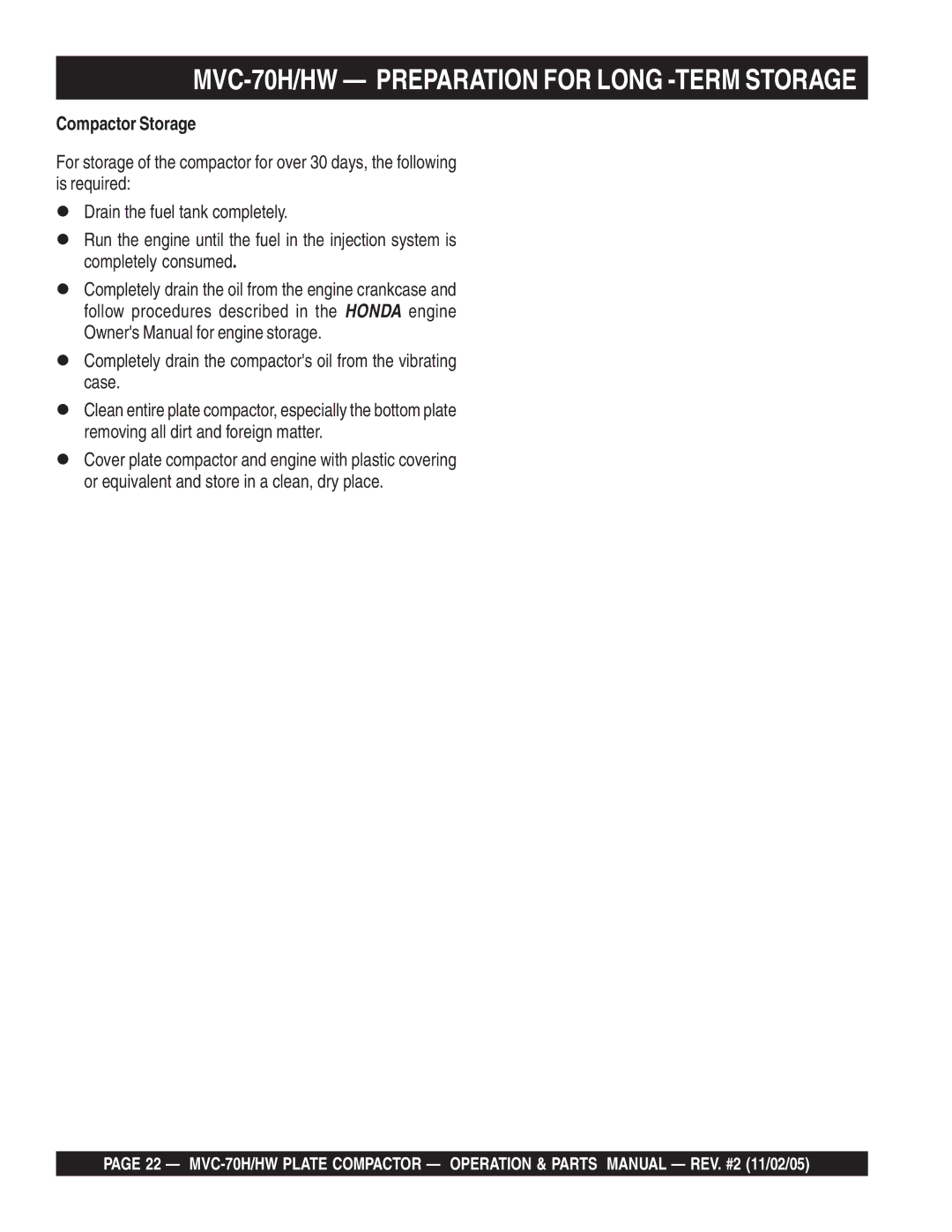 Multiquip manual MVC-70H/HW Preparation for Long -TERM Storage, Compactor Storage 