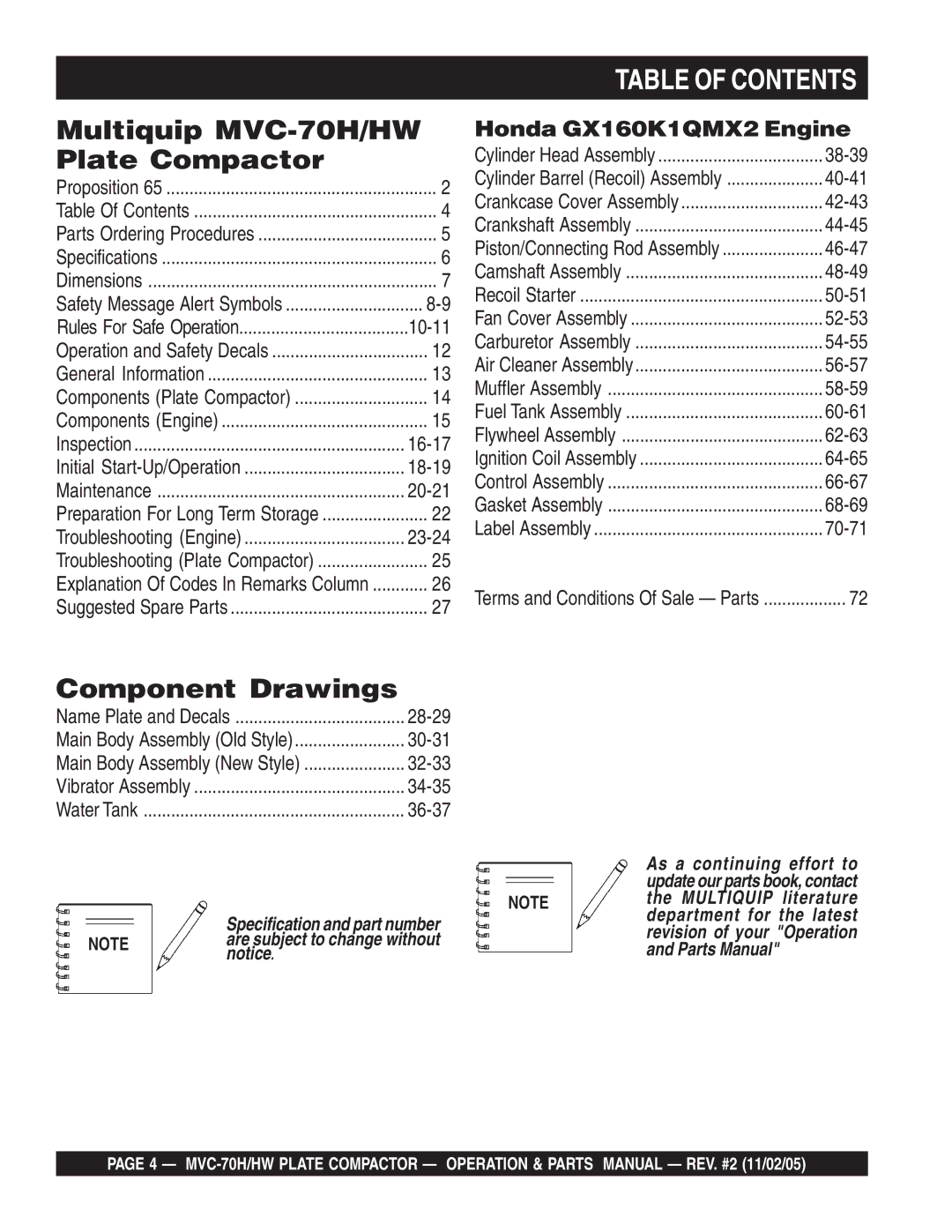 Multiquip MVC-70H/HW manual Table of Contents 