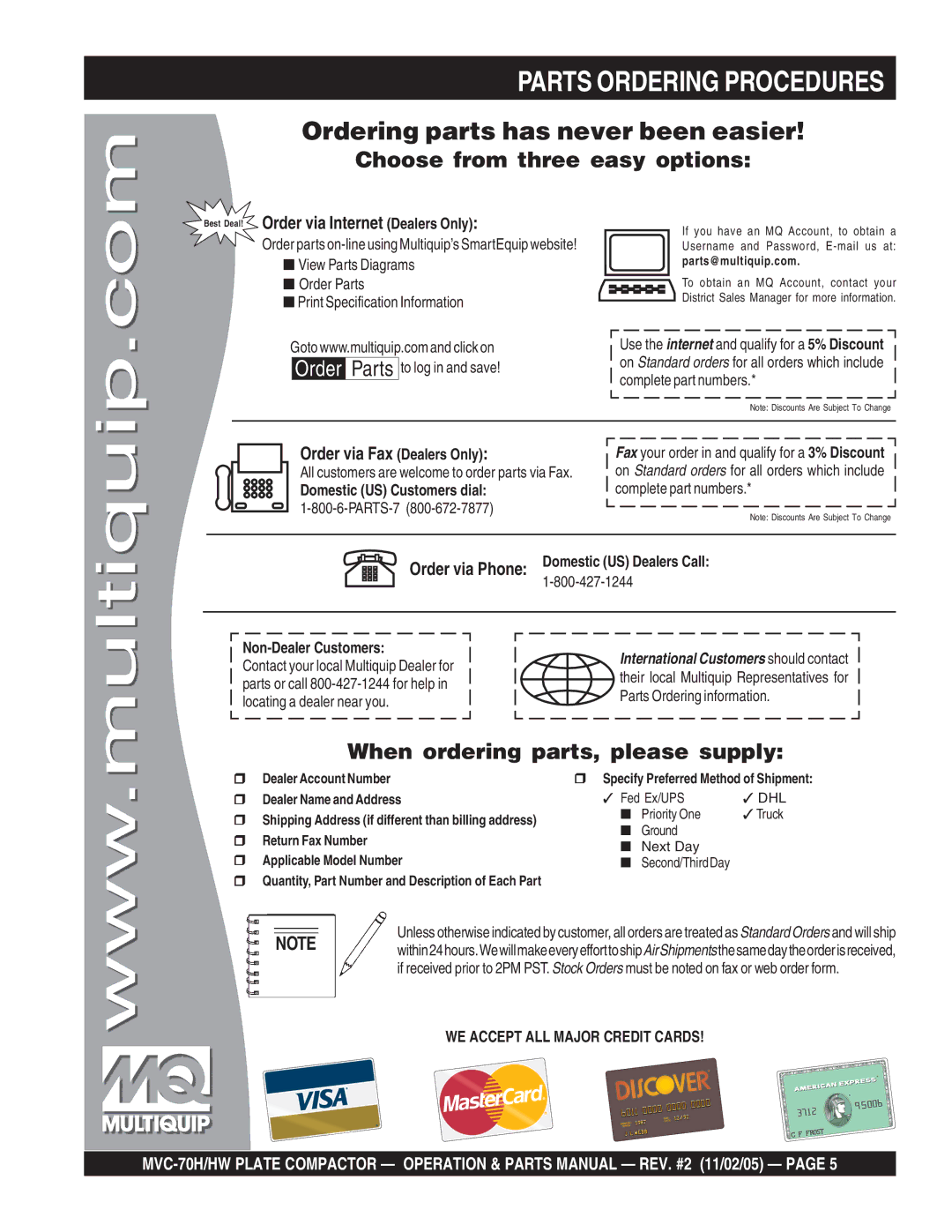 Multiquip MVC-70H/HW Parts Ordering Procedures, Best Deal! Order via Internet Dealers Only, Order via Fax Dealers Only 