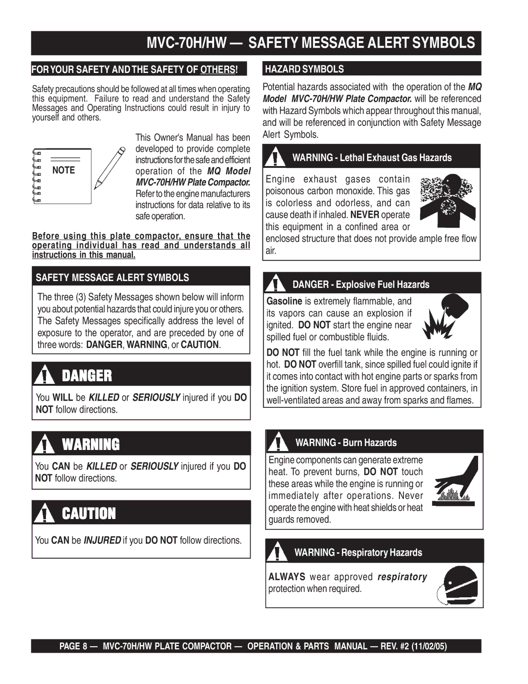 Multiquip manual MVC-70H/HW Safety Message Alert Symbols 