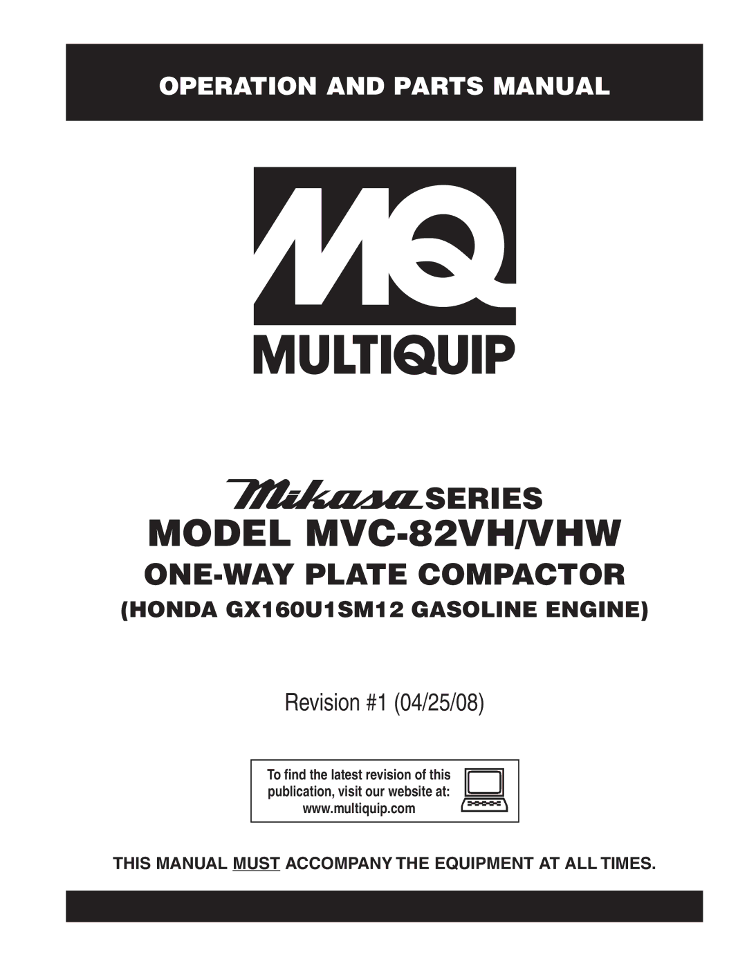 Multiquip MVC-82VHW manual Model MVC-82VH/VHW 