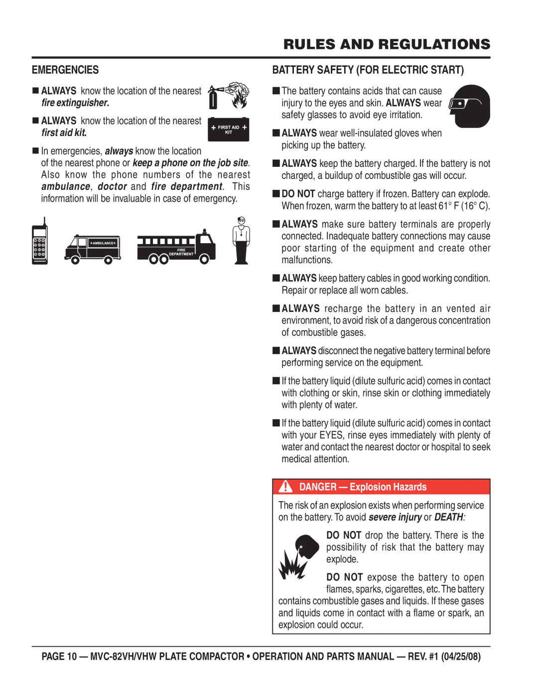 Multiquip MVC-82VHW manual Emergencies, Battery Safety for Electric Start 