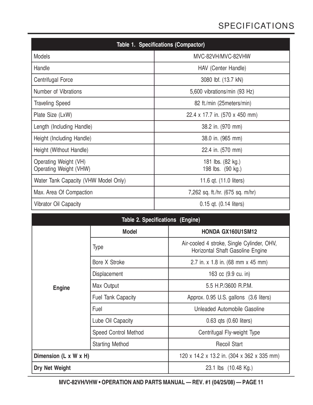 Multiquip MVC-82VHW manual Specifications Compactor 