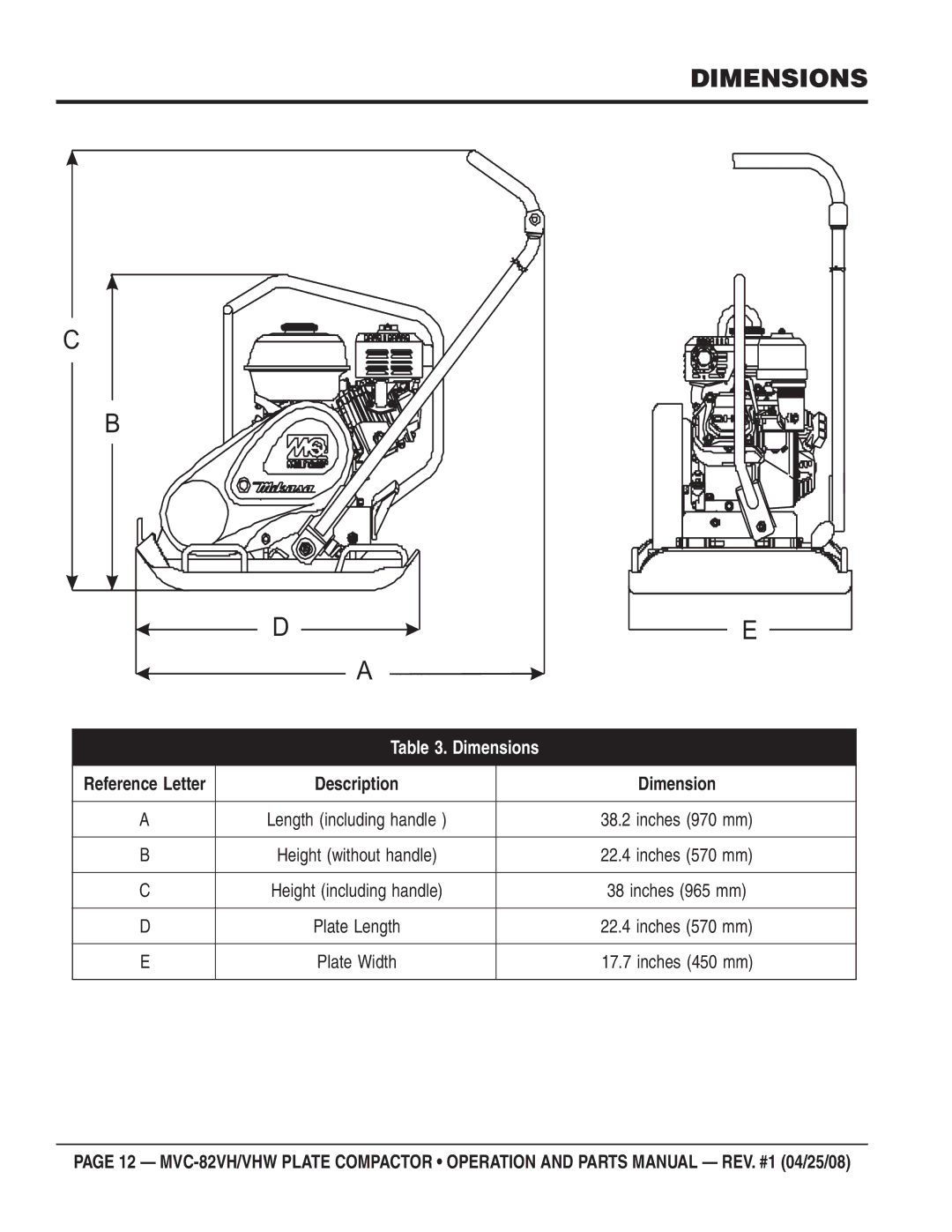 Multiquip MVC-82VHW manual Dimensions 