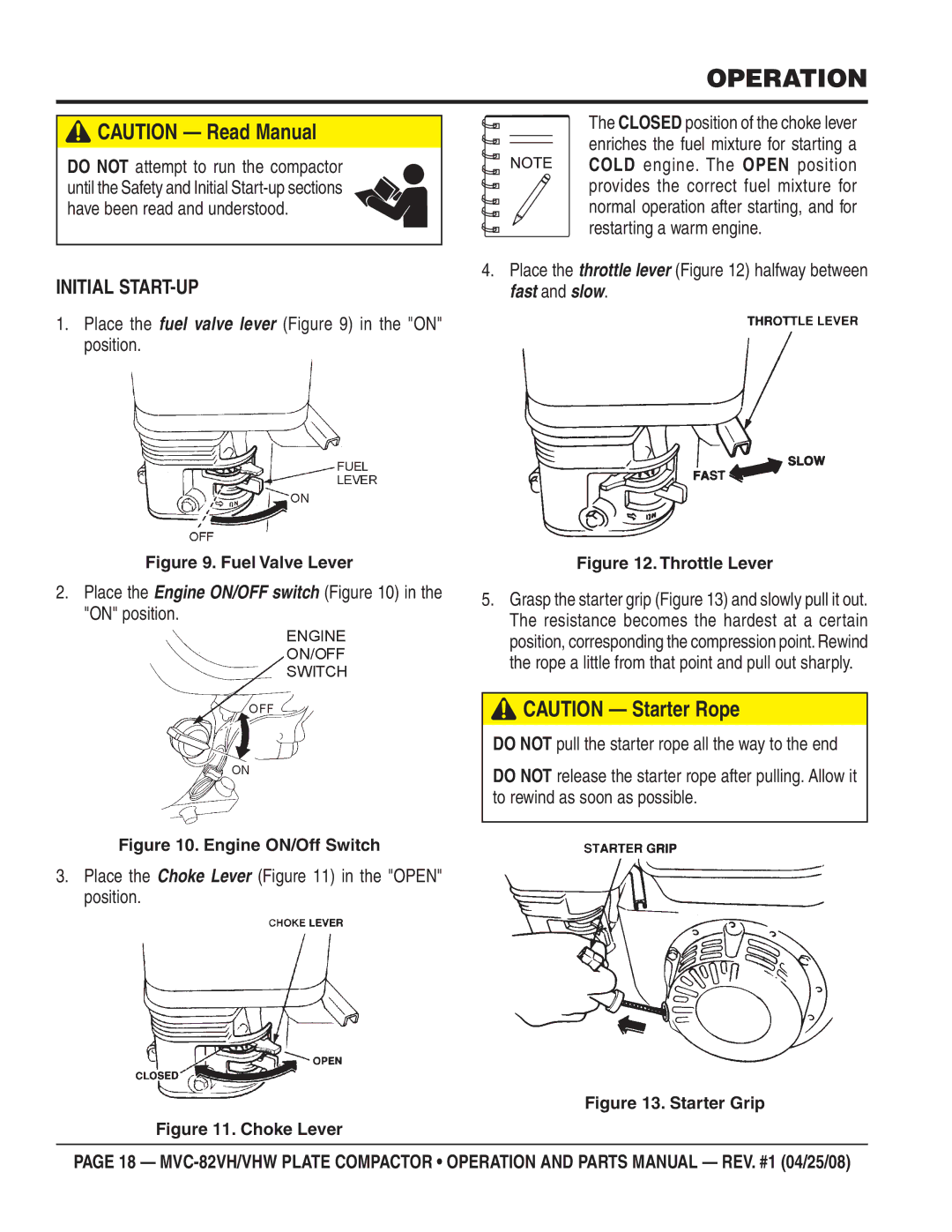 Multiquip MVC-82VHW manual Operation, Initial START-UP 