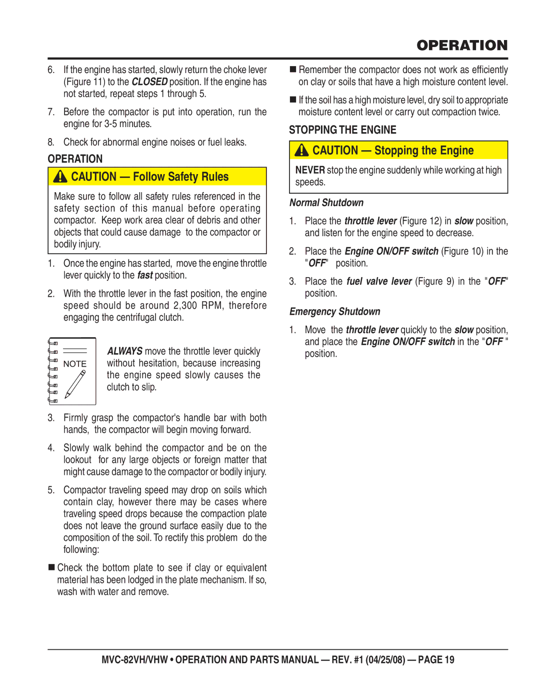 Multiquip MVC-82VHW manual Operation, Stopping the Engine 