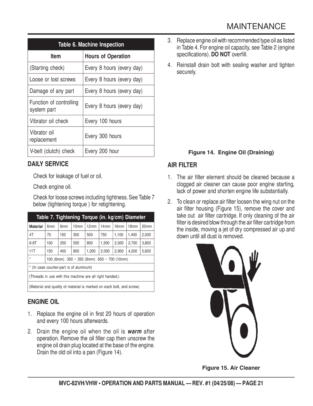 Multiquip MVC-82VHW manual Daily Service, Engine OIL, AIR Filter 