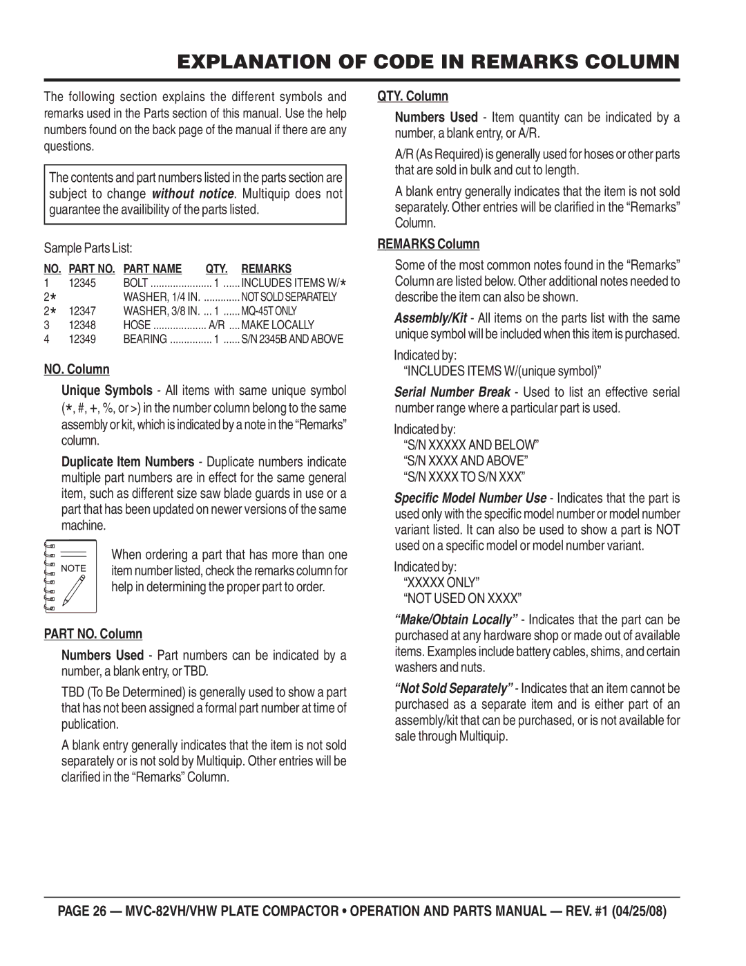 Multiquip MVC-82VHW manual Explanation of Code in Remarks Column, Sample Parts List 