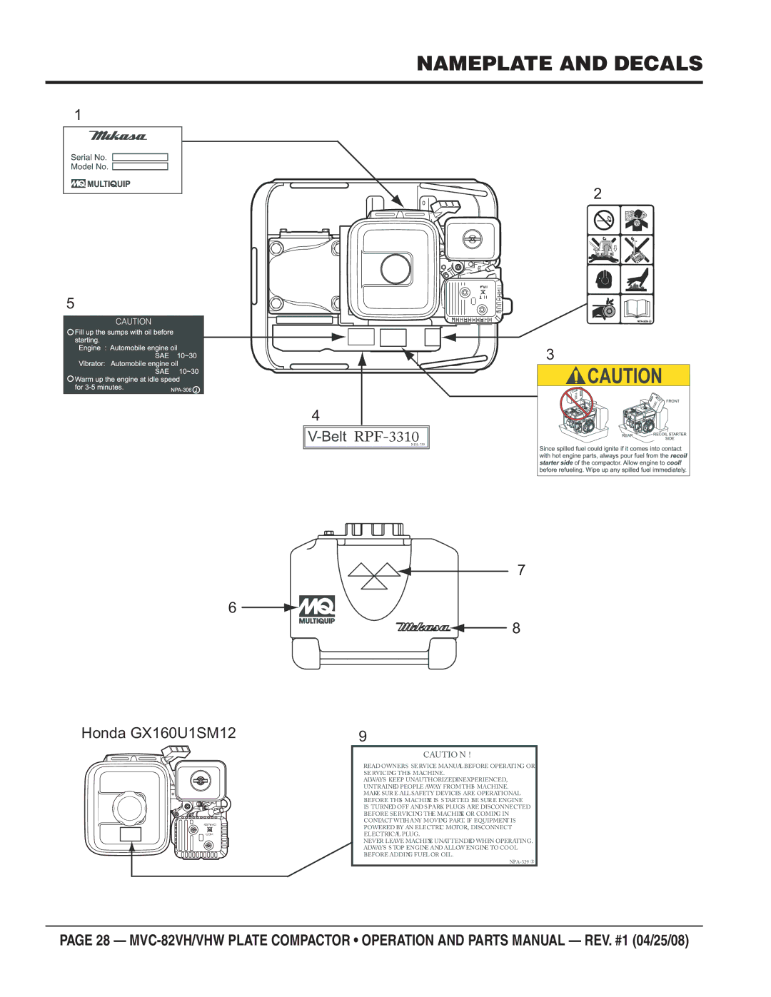 Multiquip MVC-82VHW manual Nameplate and Decals, Honda GX160U1SM12 