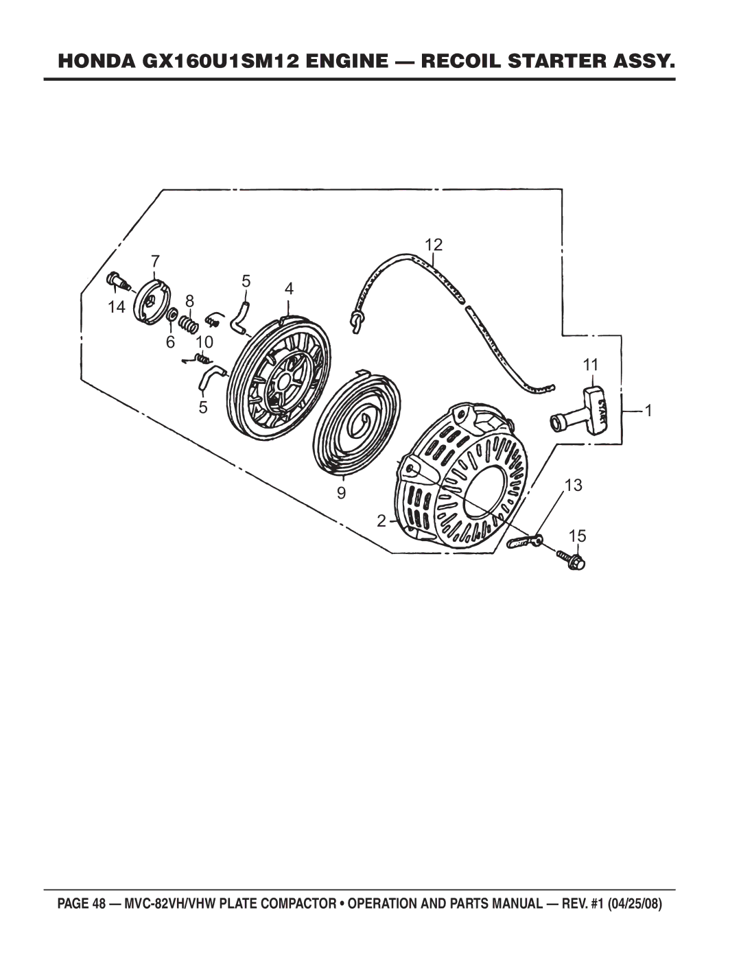 Multiquip MVC-82VHW manual Honda GX160U1SM12 Engine Recoil Starter Assy 