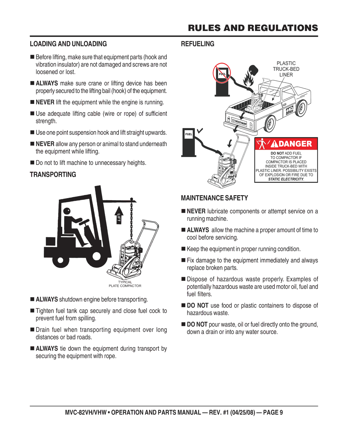 Multiquip MVC-82VHW manual Loading and Unloading, Transporting, Refueling, Maintenance Safety 