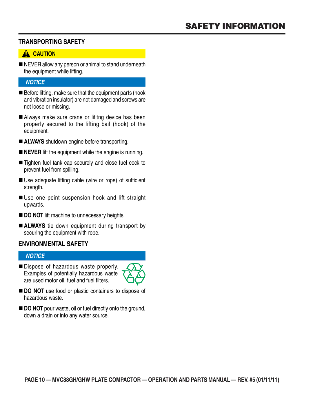 Multiquip MVC-88GHW manual Transporting Safety 