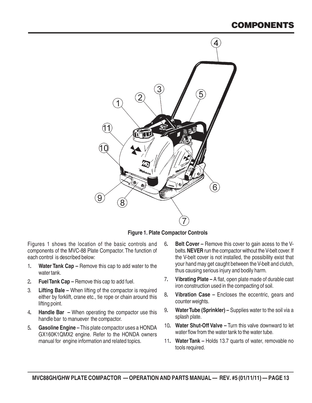 Multiquip MVC-88GHW manual Components, Plate Compactor Controls 