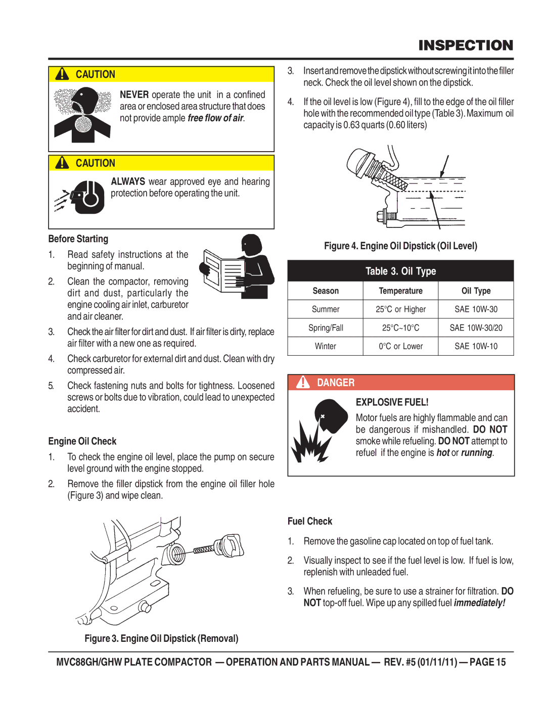 Multiquip MVC-88GHW manual Inspection, Before Starting 