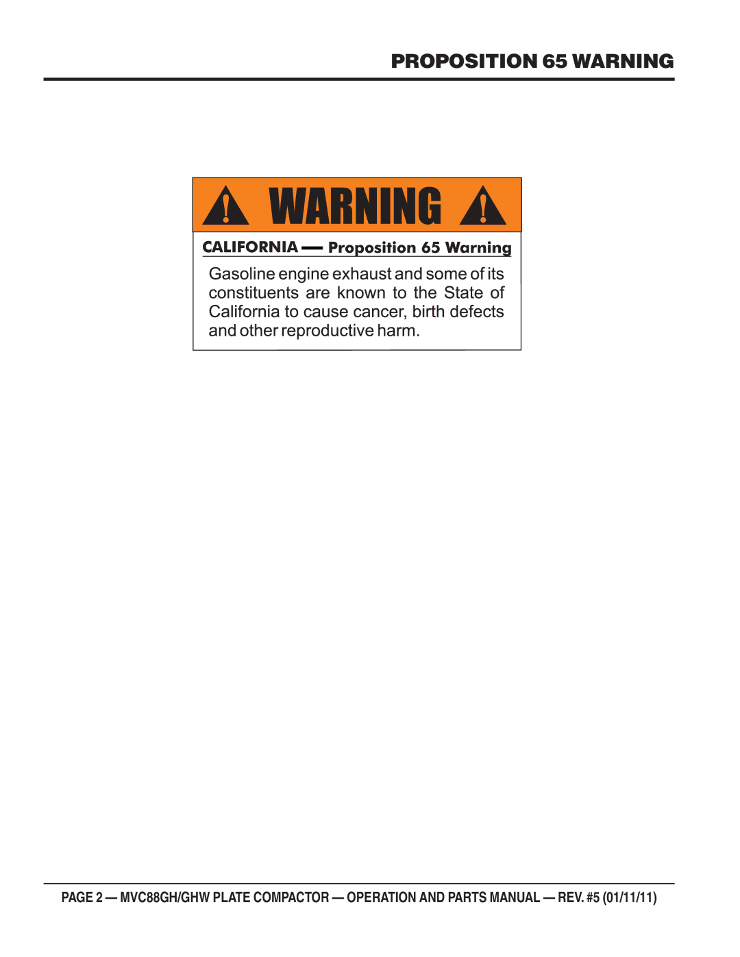 Multiquip MVC-88GHW manual Proposition 65 Warning 