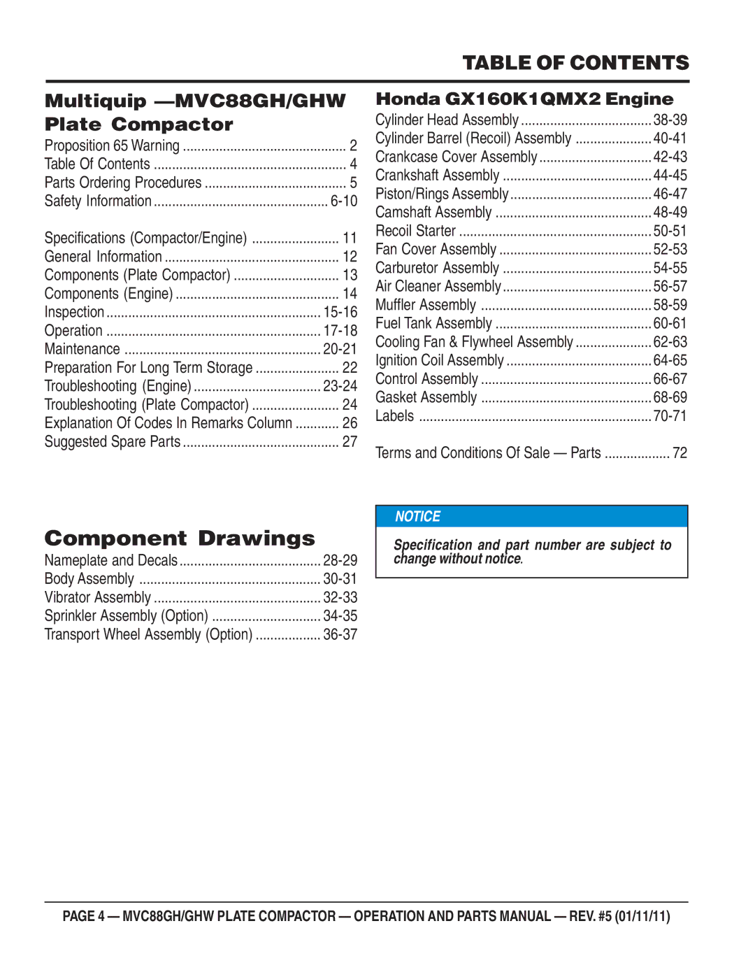 Multiquip MVC-88GHW manual Component Drawings, Table of Contents 