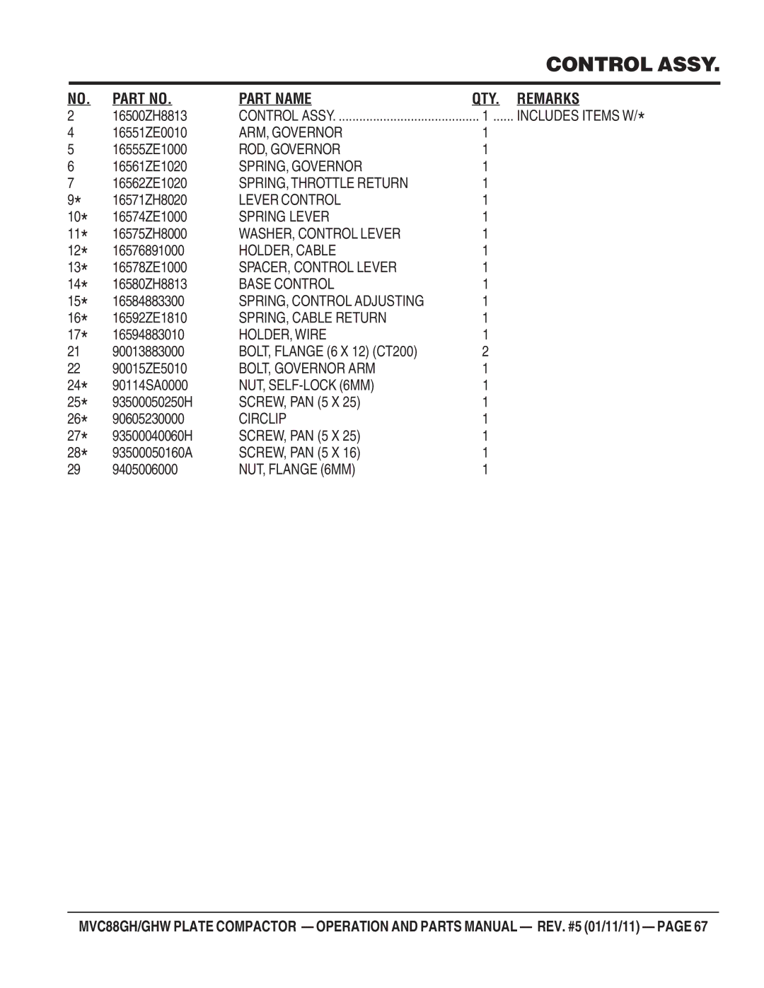 Multiquip MVC-88GH ARM, Governor, ROD, Governor, SPRING, Governor, SPRING, Throttle Return, Lever Control, Spring Lever 