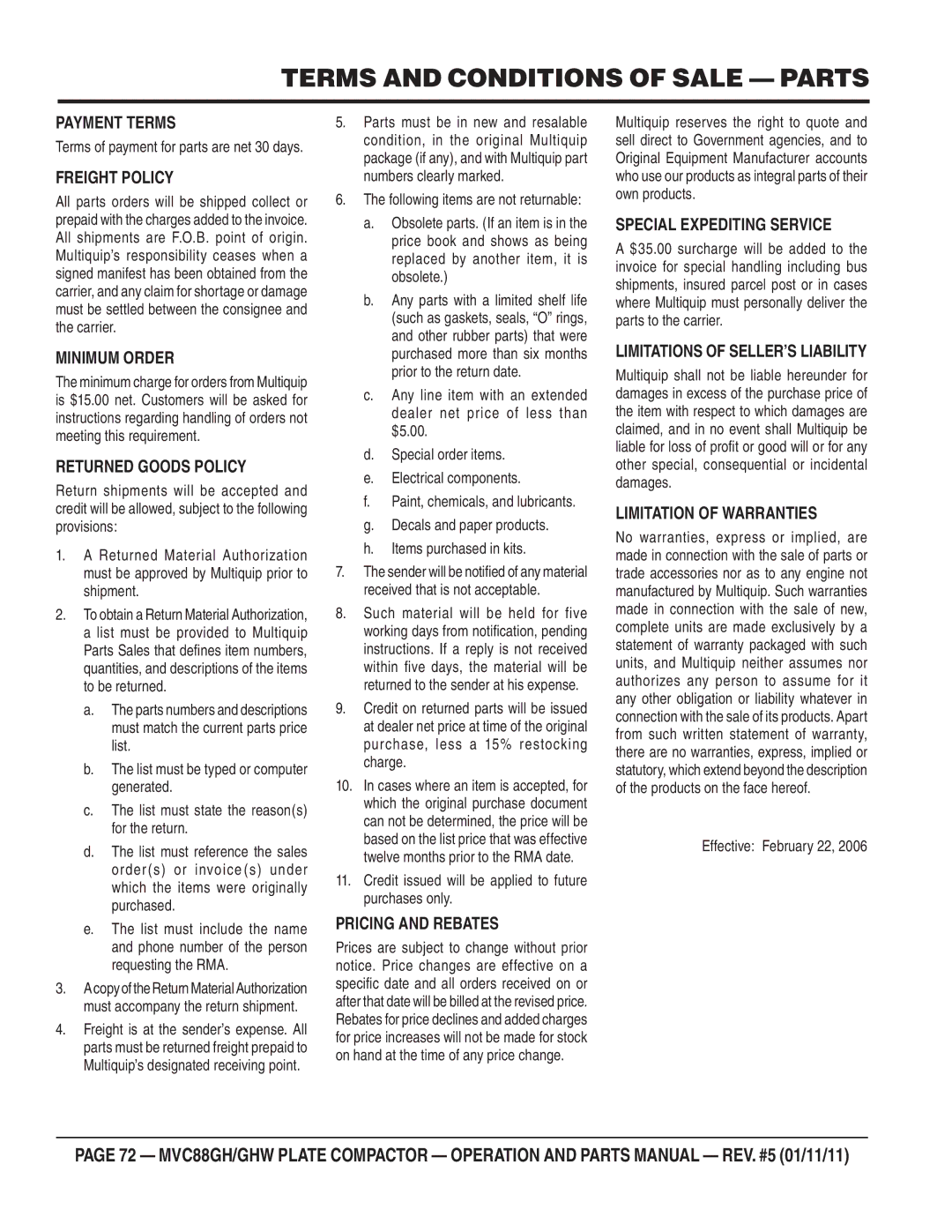 Multiquip MVC-88GHW manual Terms and Conditions of Sale Parts, Freight Policy 