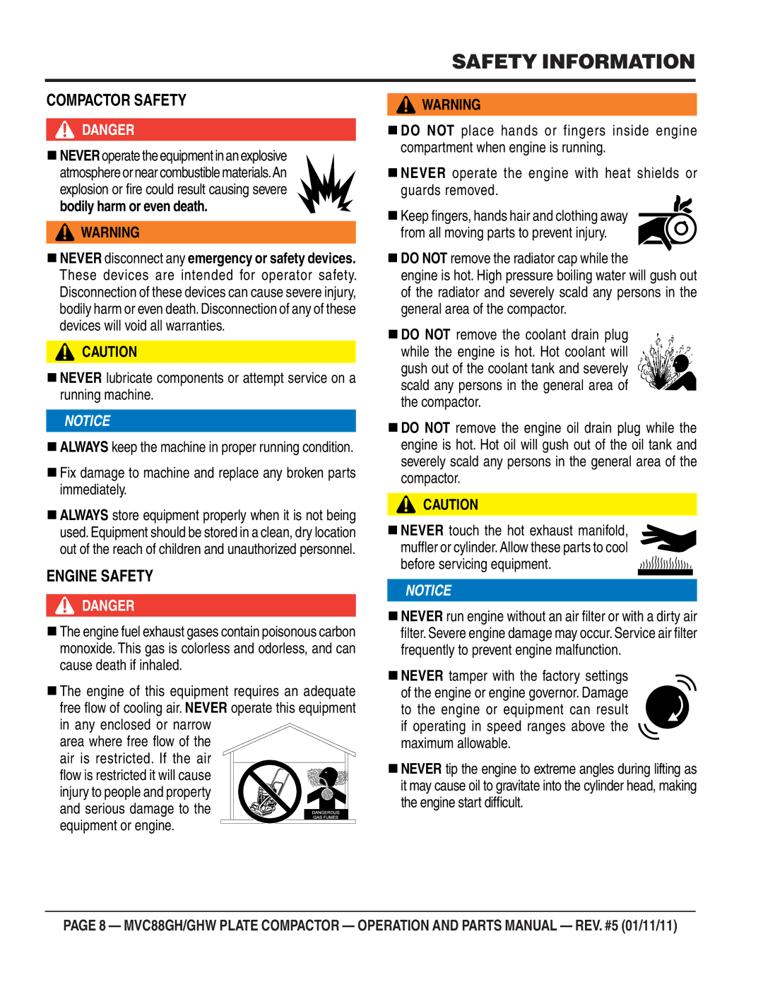 Multiquip MVC-88GHW manual Compactor Safety 