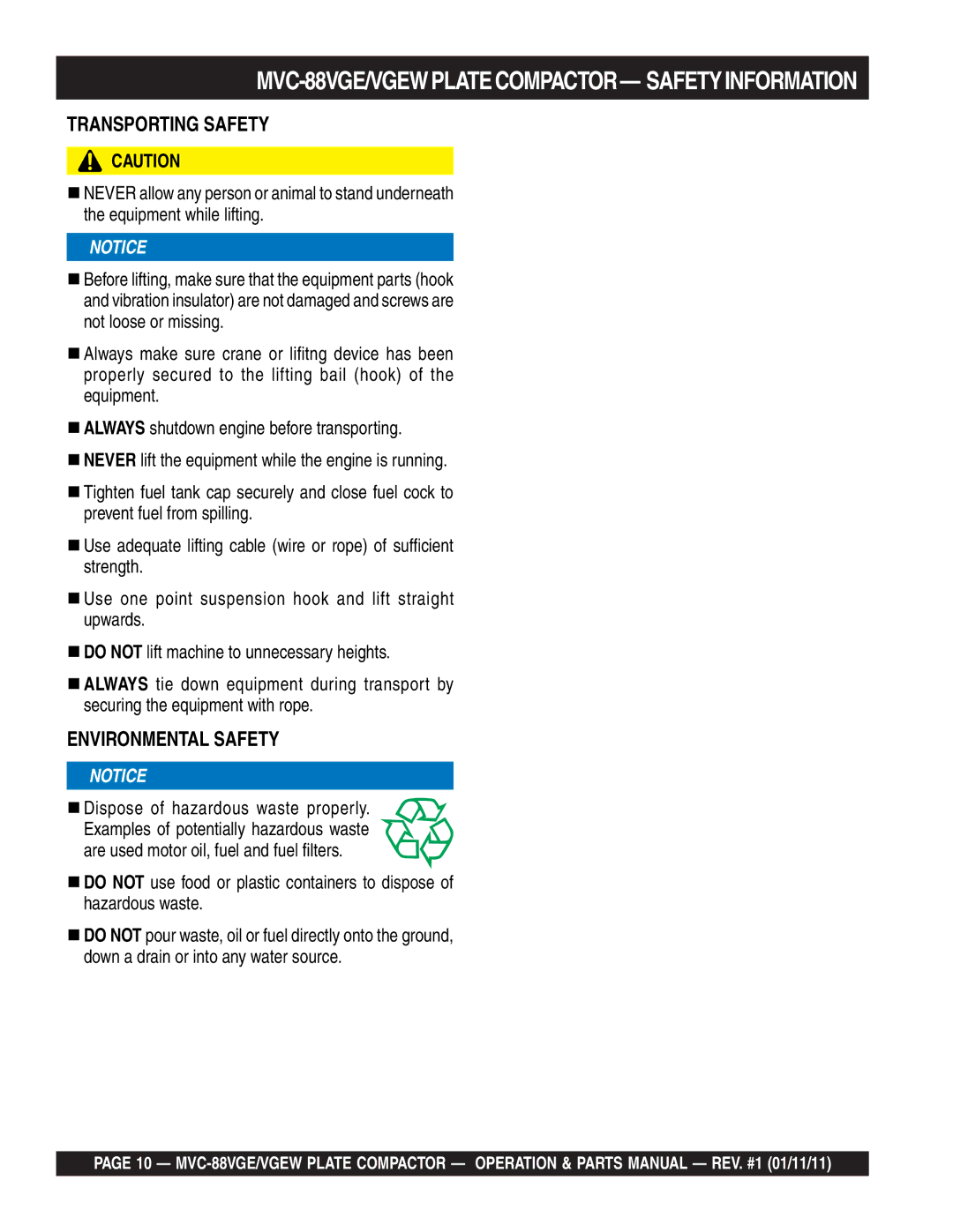 Multiquip manual MVC-88VGE/VGEWPLATECOMPACTOR- Safetyinformation, Transporting Safety 