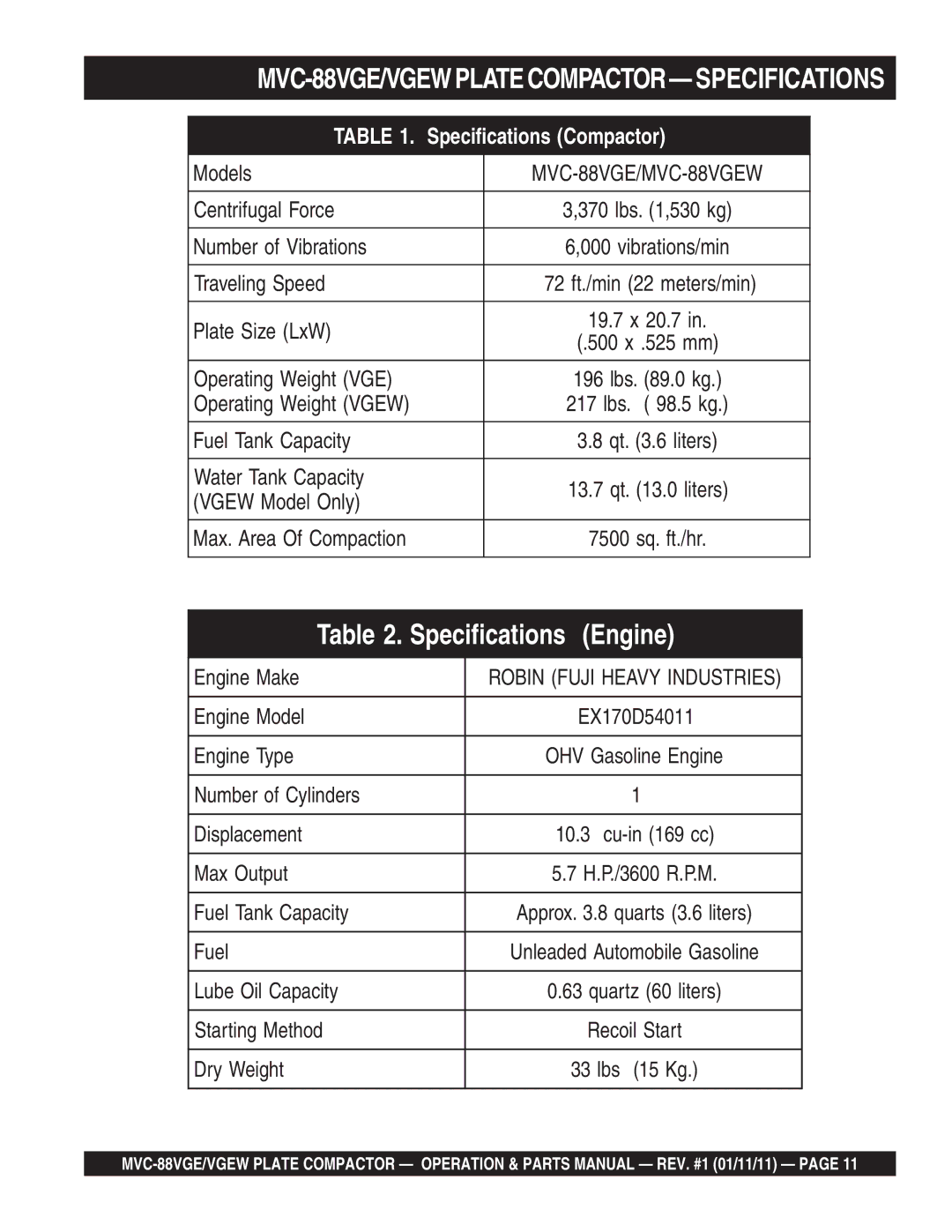 Multiquip manual MVC-88VGE/VGEWPLATECOMPACTOR- Specifications, Specifications Compactor 