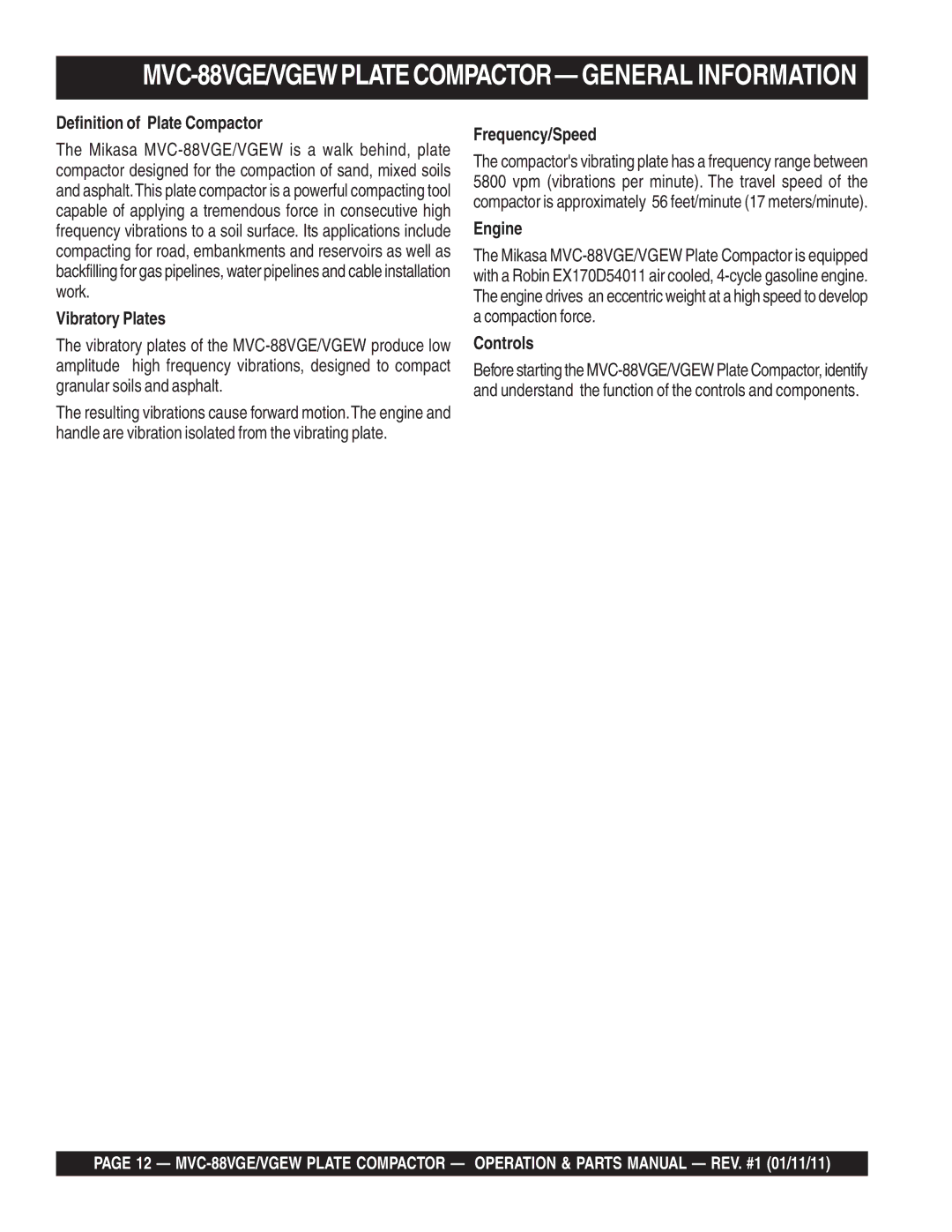 Multiquip manual MVC-88VGE/VGEWPLATECOMPACTOR- General Information, Definition of Plate Compactor 