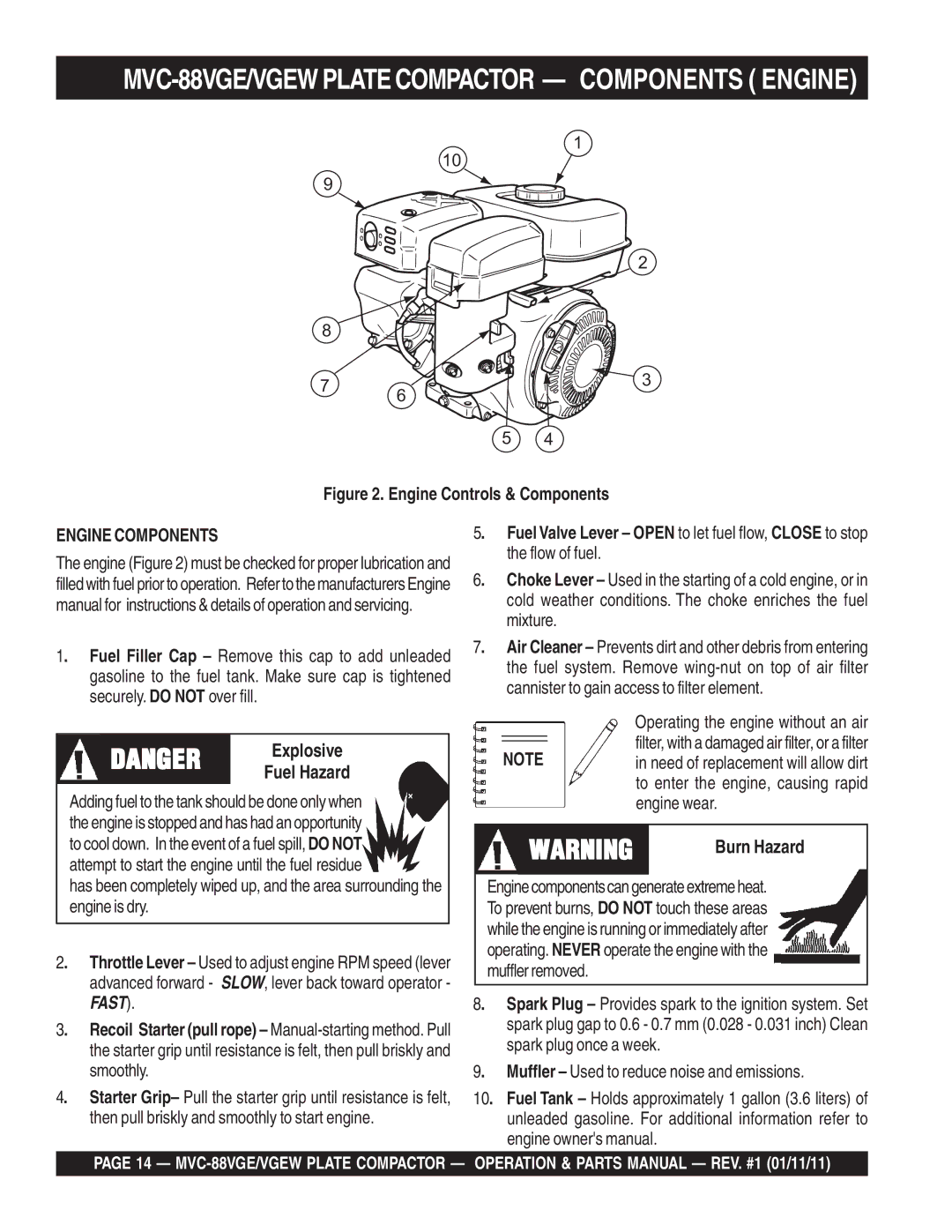 Multiquip manual MVC-88VGE/VGEW Plate Compactor Components Engine, Engine Components 