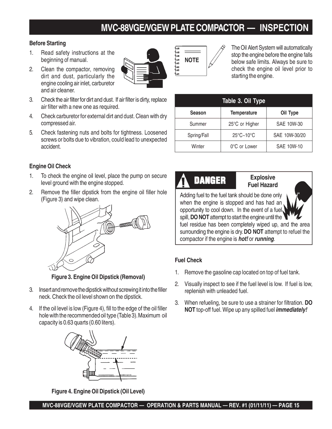 Multiquip manual MVC-88VGE/VGEW Plate Compactor Inspection, Before Starting 