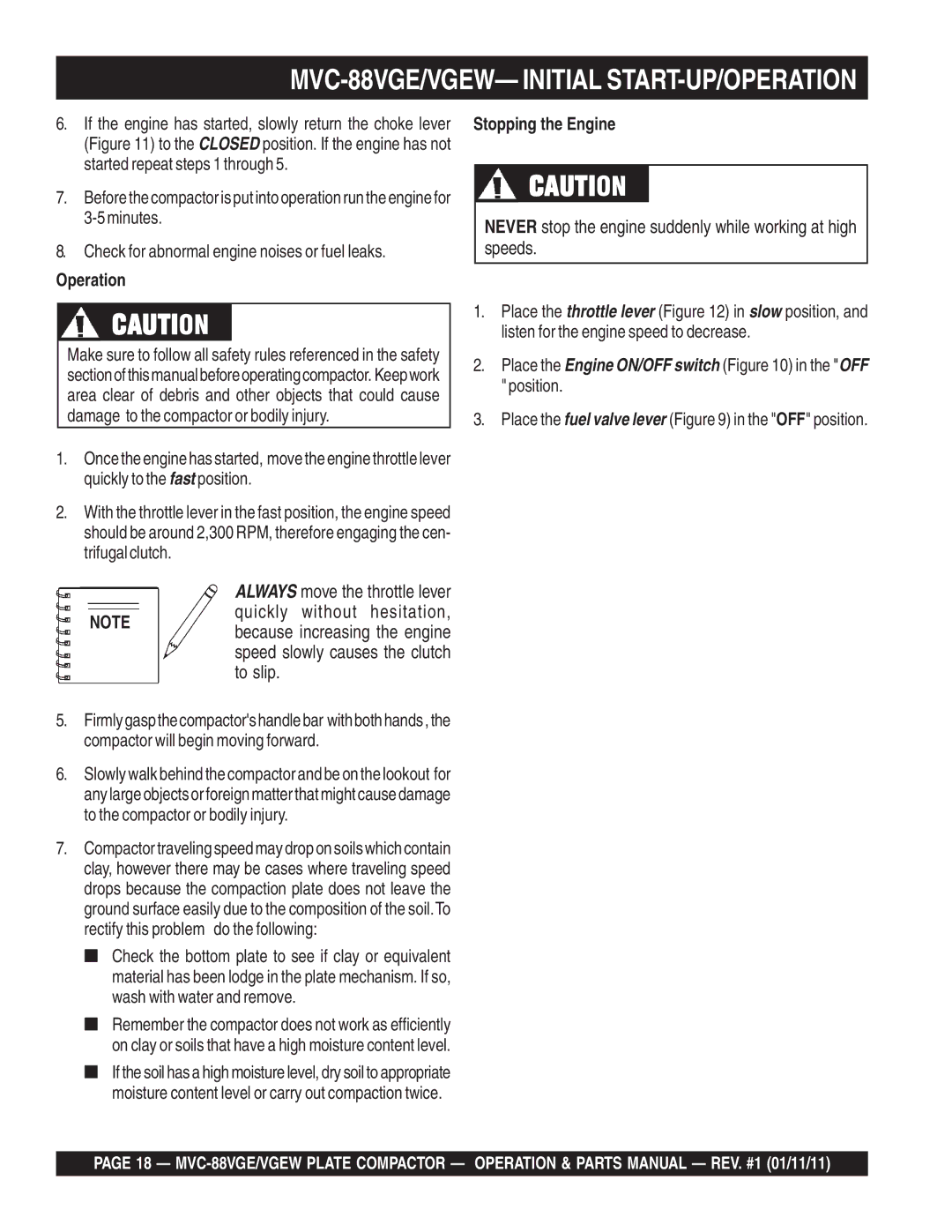 Multiquip manual MVC-88VGE/VGEW- Initial START-UP/OPERATION 