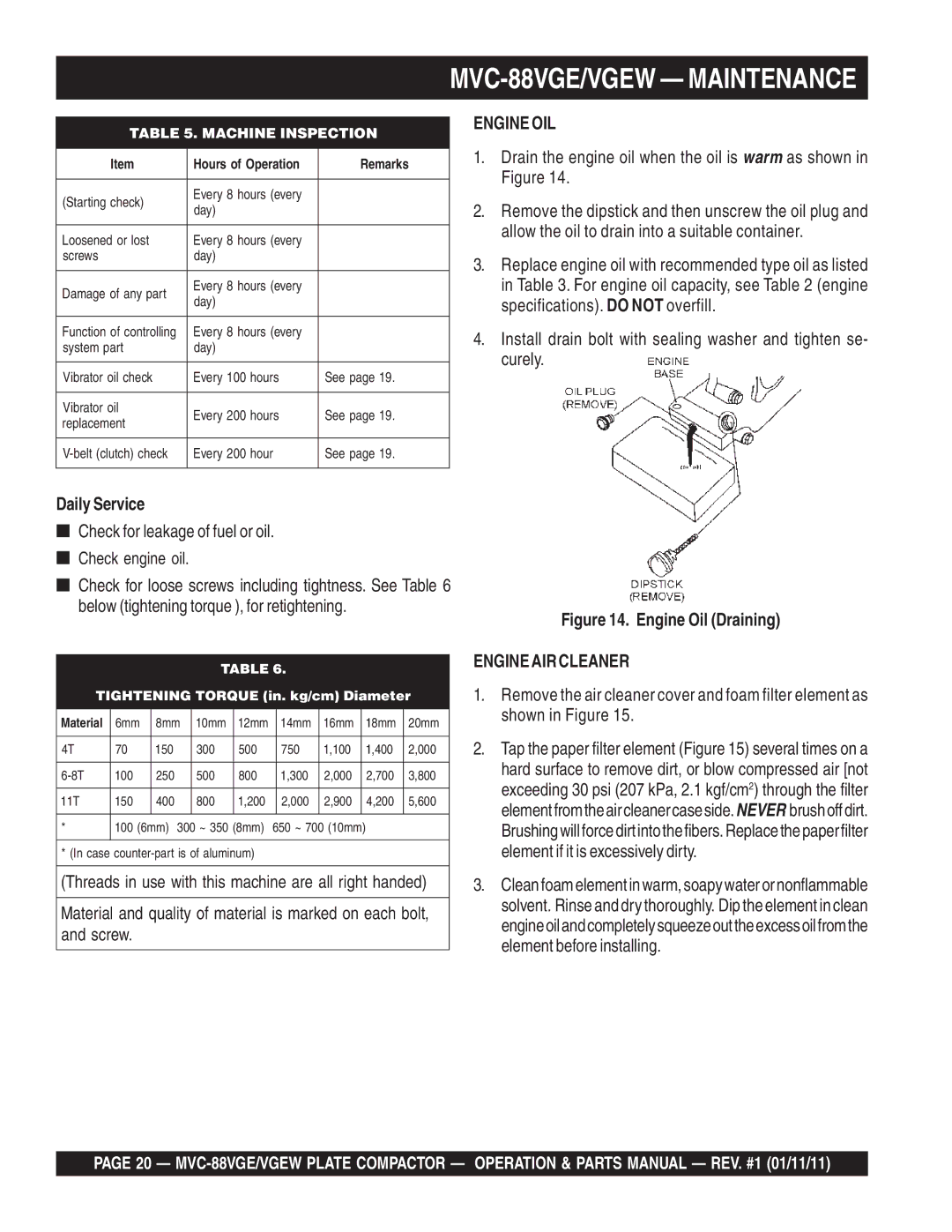 Multiquip manual MVC-88VGE/VGEW Maintenance 