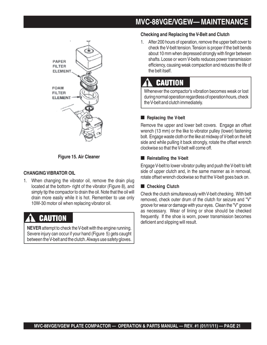 Multiquip MVC-88VGE/VGEW manual Changing Vibrator OIL 