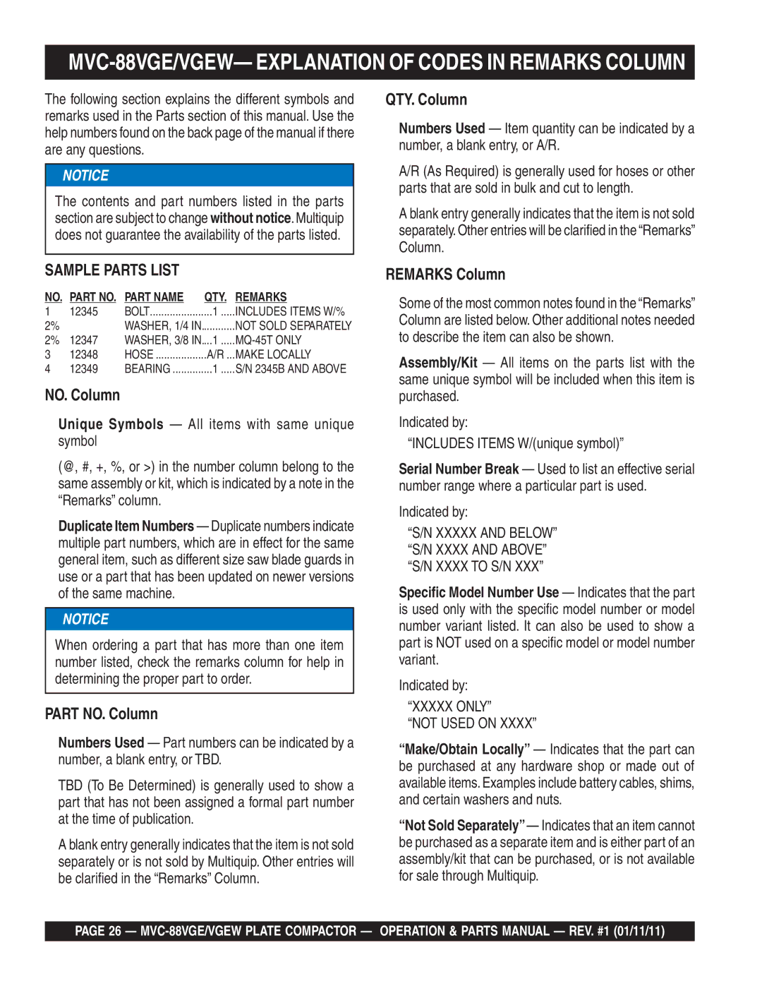 Multiquip manual MVC-88VGE/VGEW- Explanation of Codes in Remarks Column, QTY. Column 