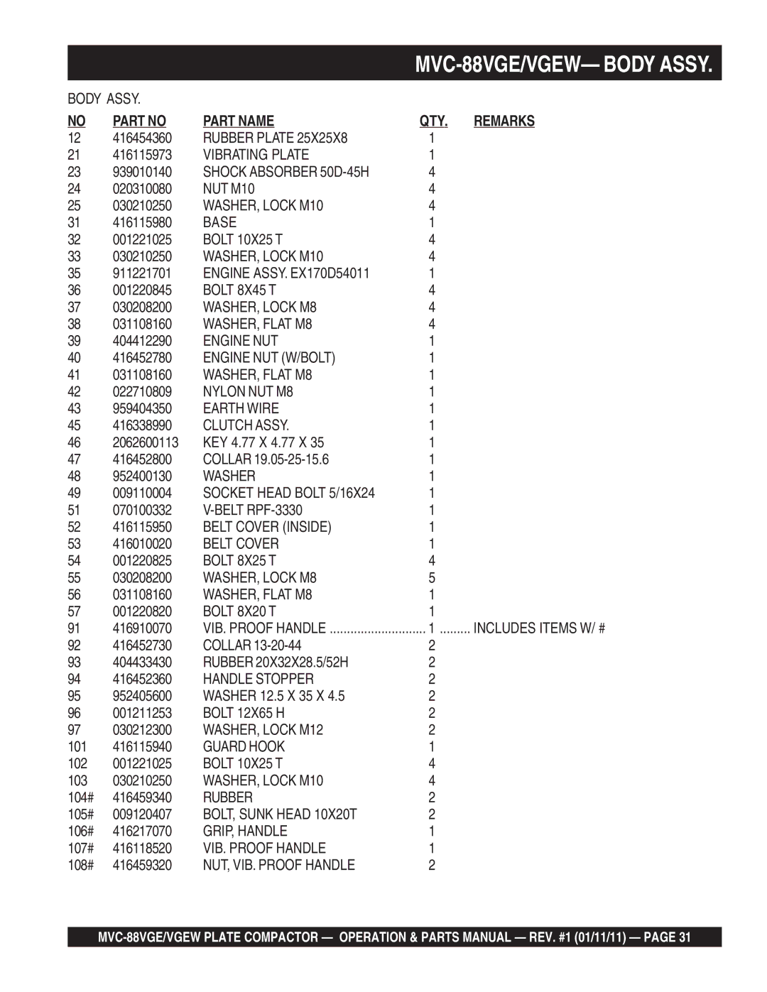 Multiquip MVC-88VGE/VGEW manual Body Assy 