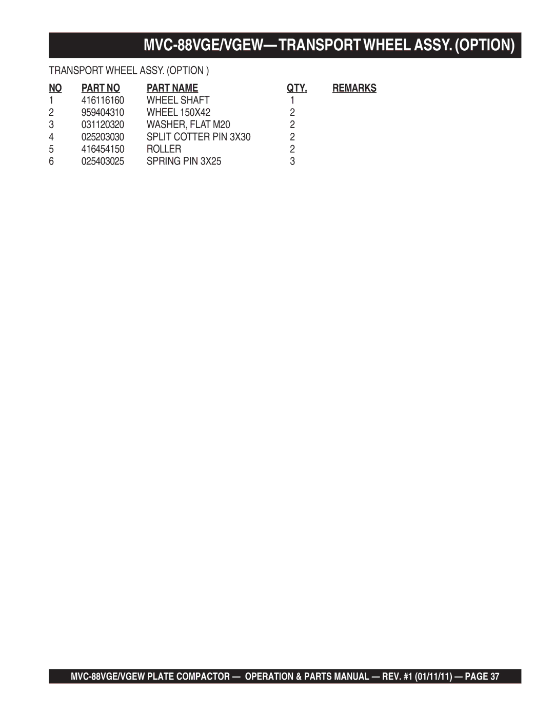 Multiquip MVC-88VGE/VGEW manual Part Name QTY 