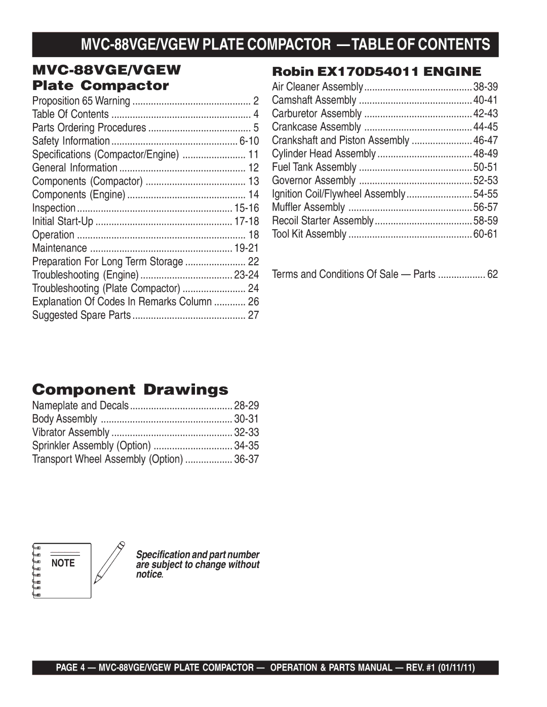 Multiquip manual Component Drawings, MVC-88VGE/VGEW Plate Compactor -TABLE of Contents 