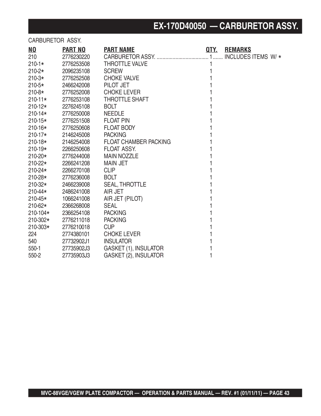 Multiquip MVC-88VGE/VGEW manual EX-170D40050 Carburetor Assy 