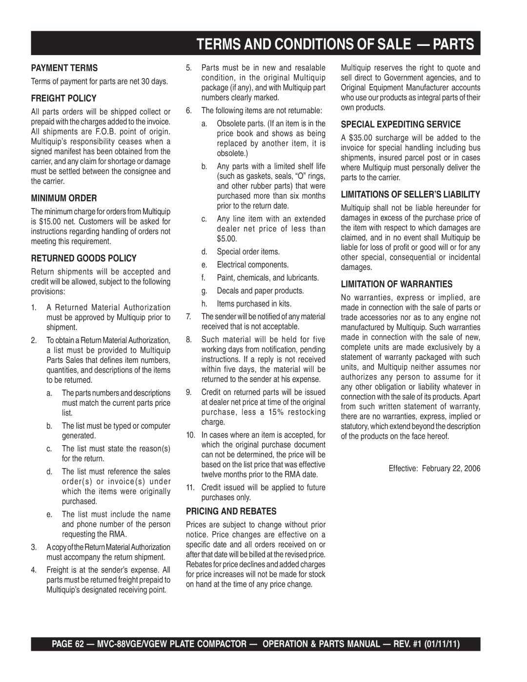 Multiquip MVC-88VGE/VGEW manual Terms and Conditions of Sale Parts 